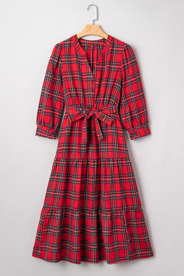 Christmas Plaid Print V-Neck 3/4 Sleeve Tie Waist Long Dress - eAura