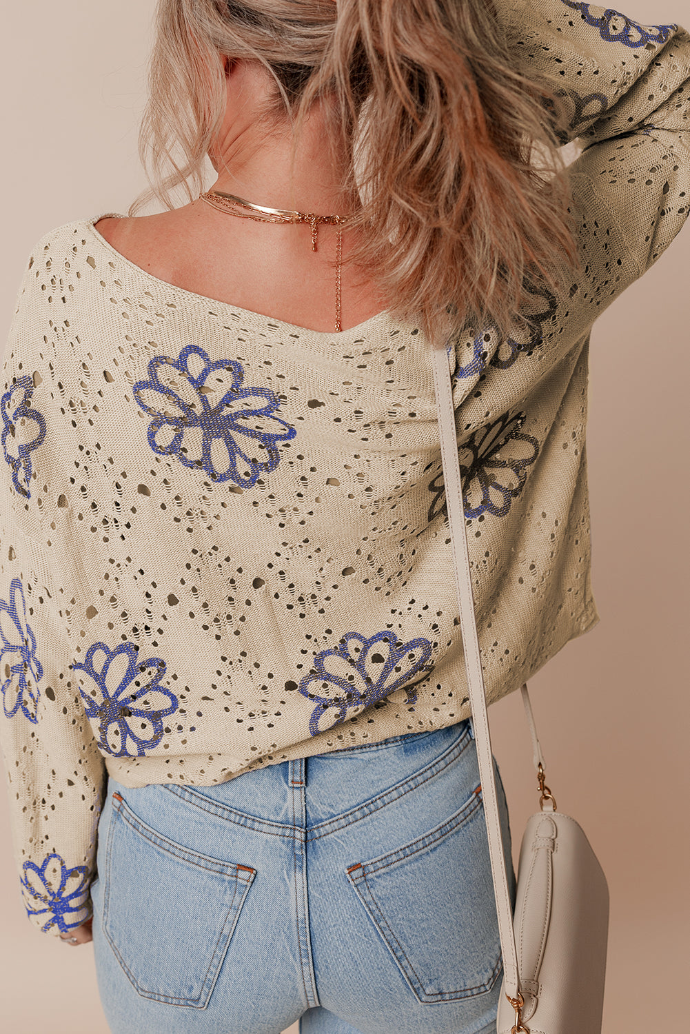Beige Contrast Flower Print Eyelet Drop Shoulder Sweater eAura