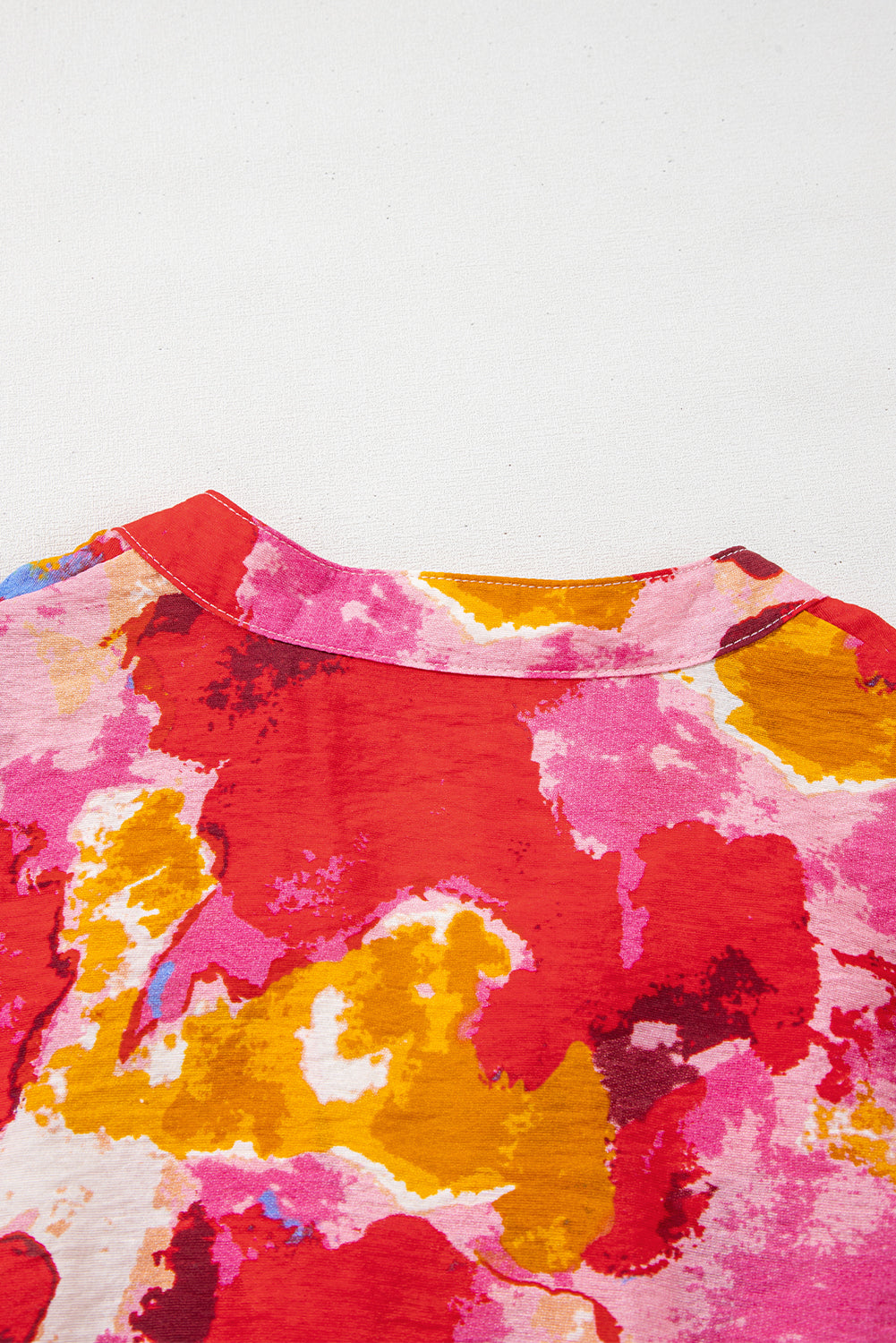 Red Abstract Print Split V Neck Ruffle Short Sleeve Blouse eAura