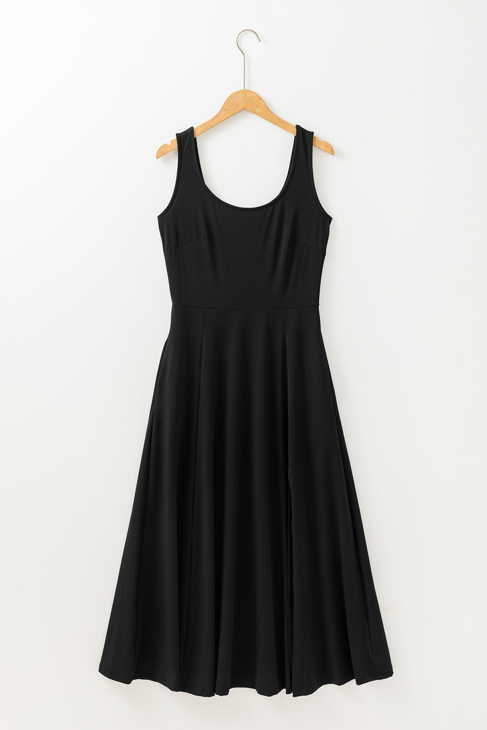 Black Sleeveless Scoop Neck Flared Split Midi Dress eAura