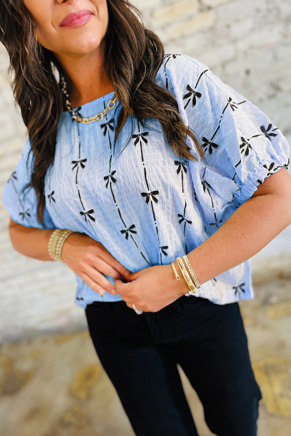 Bow Print Puff Short Sleeve Textured Top