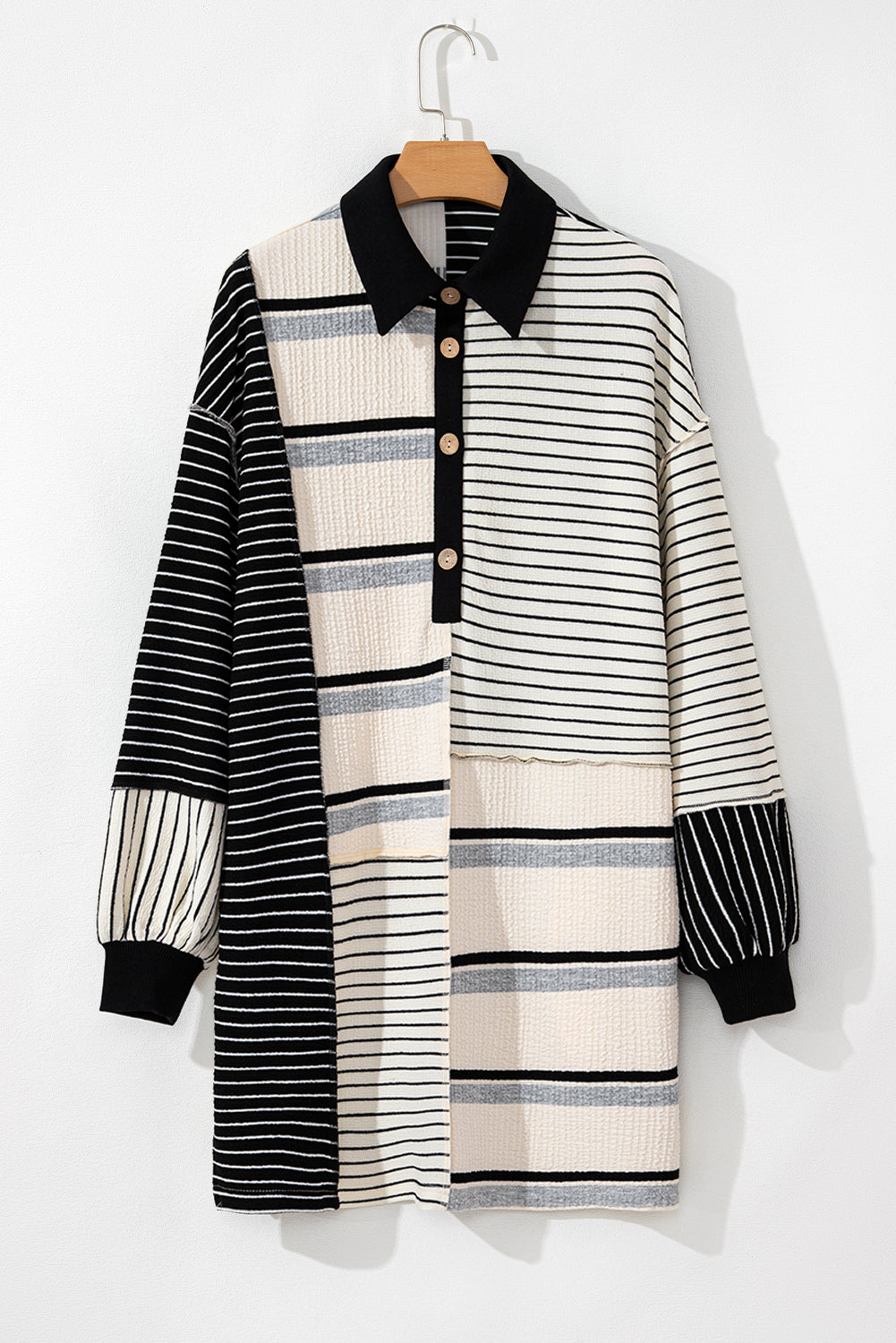 Black Stripe Colorblock Knit Henley Collar Shift Long Sleeve Mini Dress Dear-Lover Dropshipping