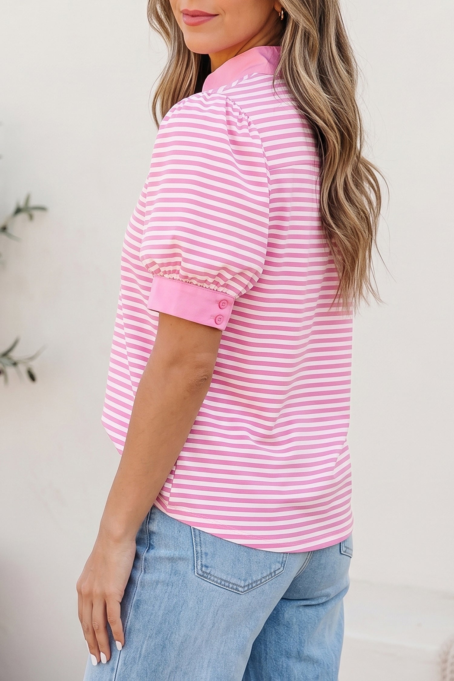 Color Block Detail Split Neck Short Sleeve Blouse – Pink Stripe