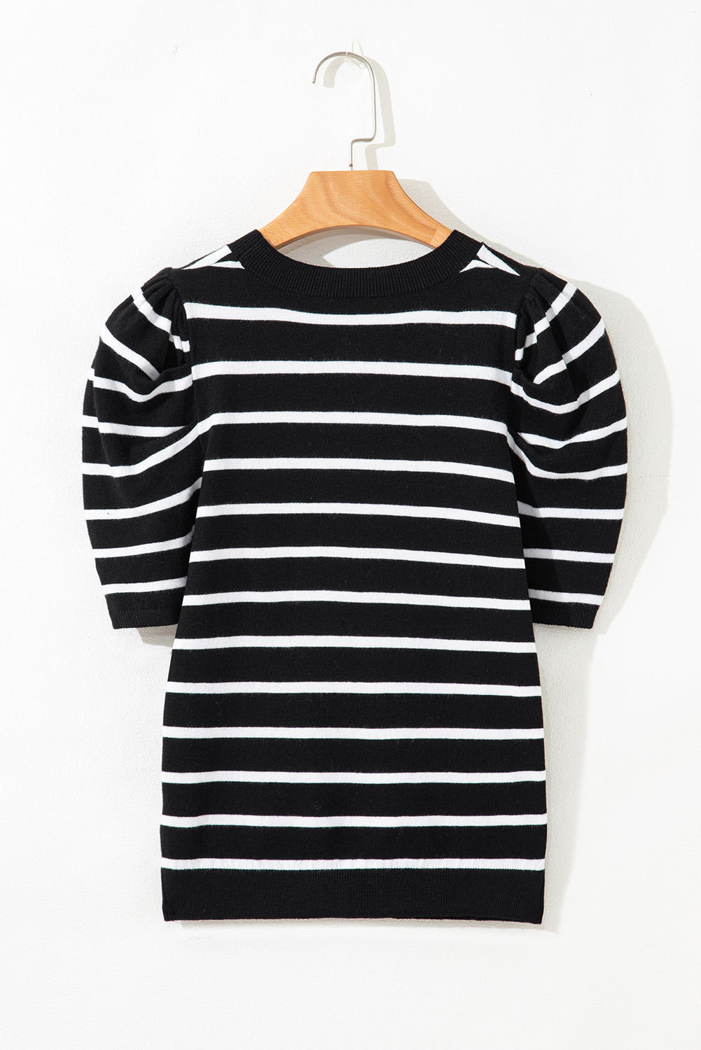 Ribbed Trim Round Neck Bubble Sleeve Knitted Top eAura