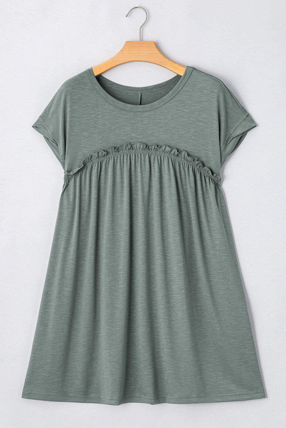 Mist Green Frilled Gathered Seam Round Neck T Shirt Dress eAura