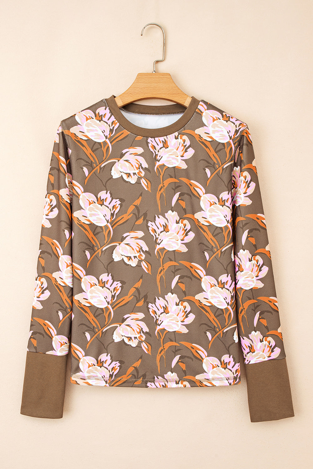 Brown Floral Print Waffle Textured Long Sleeve Top - eAura