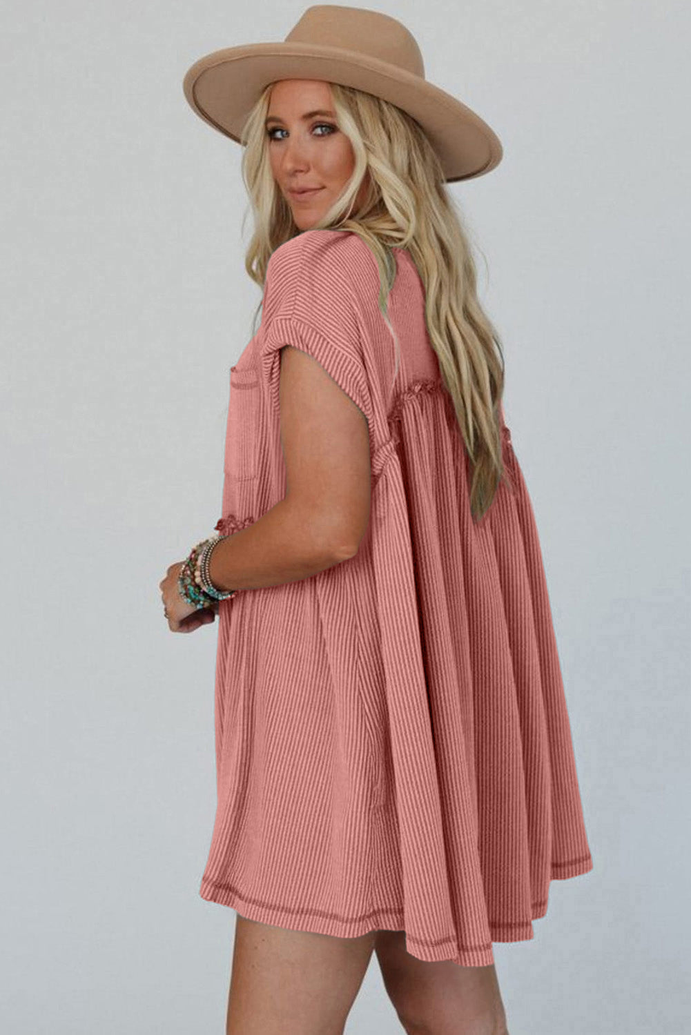 Dusty Pink Cord Textured Swing Mini Dress with Pockets eAura