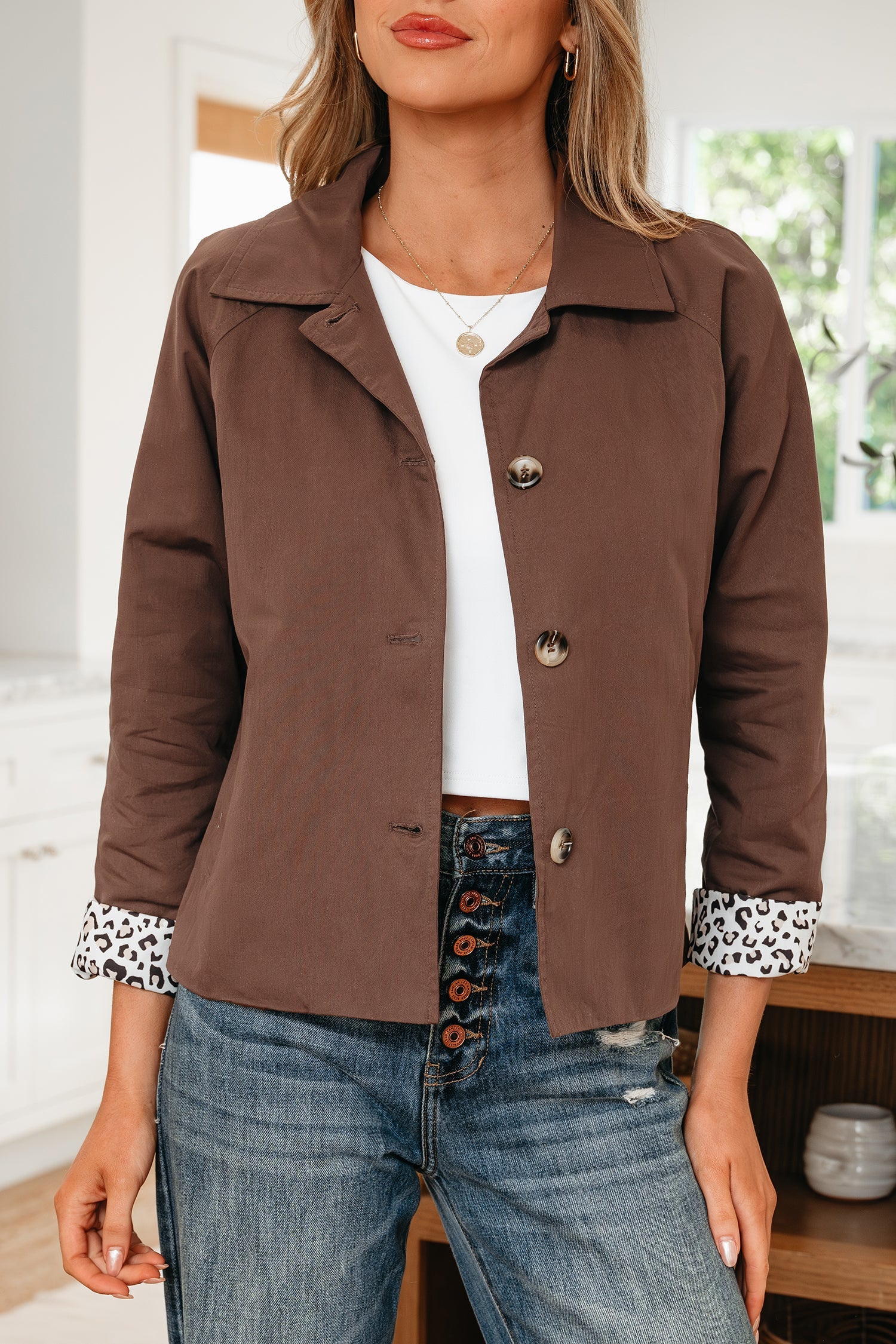 Collared Buttoned Leopard Liner Jacket - Outerwear/Jackets