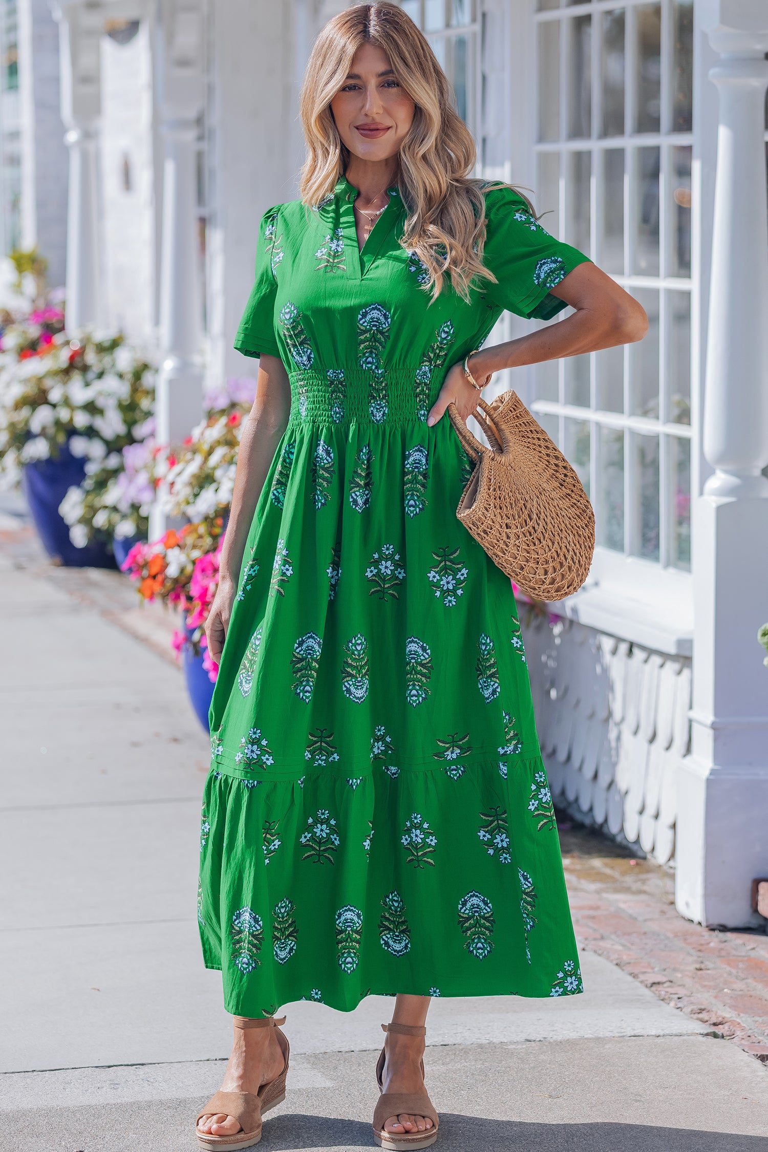 Floral Print Split Neck Shirred Waist Ruffle Hem Maxi Dress
