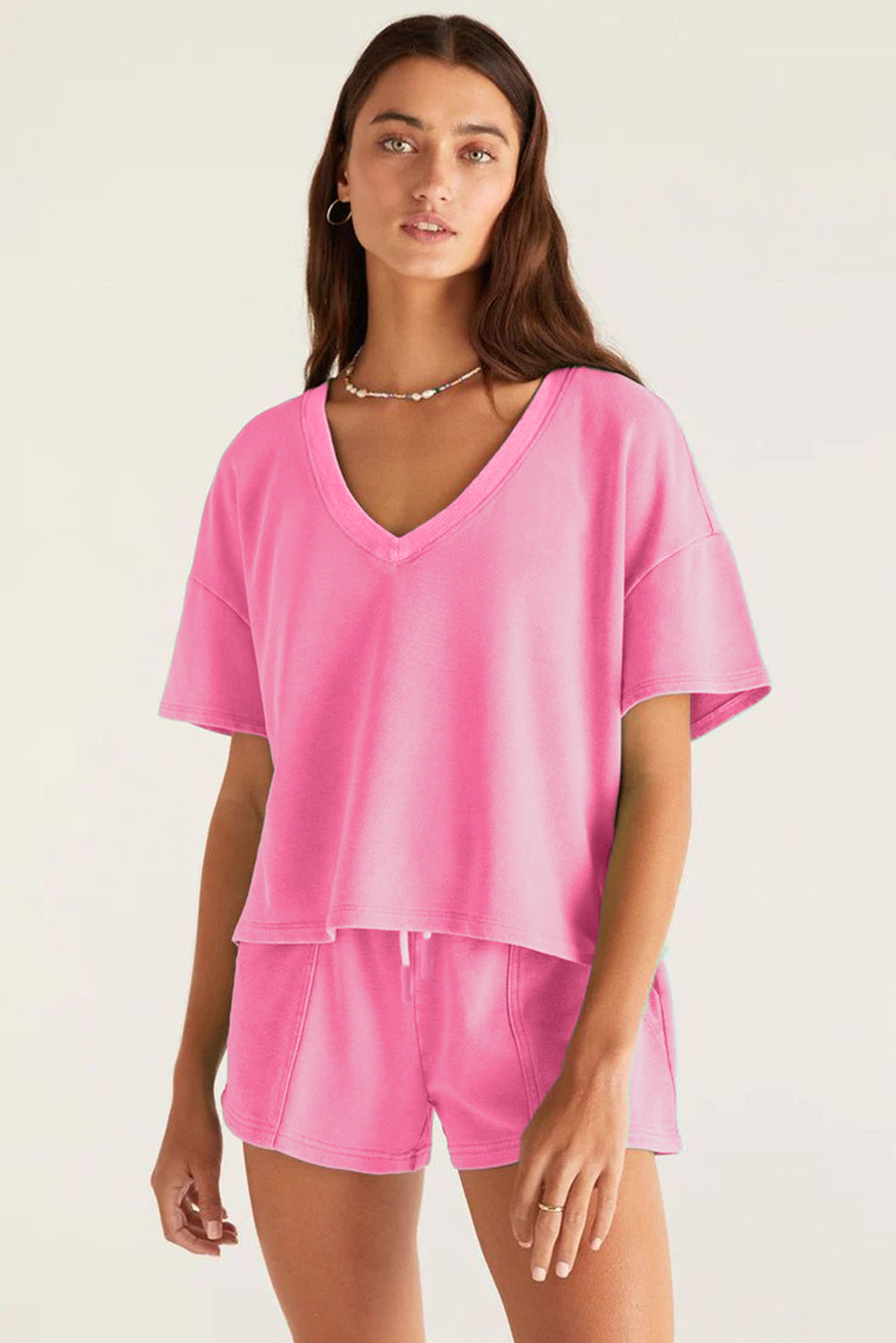 Myosotis V Neck Drop Shoulder Tee and Patchwork Drawstring Shorts Set BB Fashion Outlet