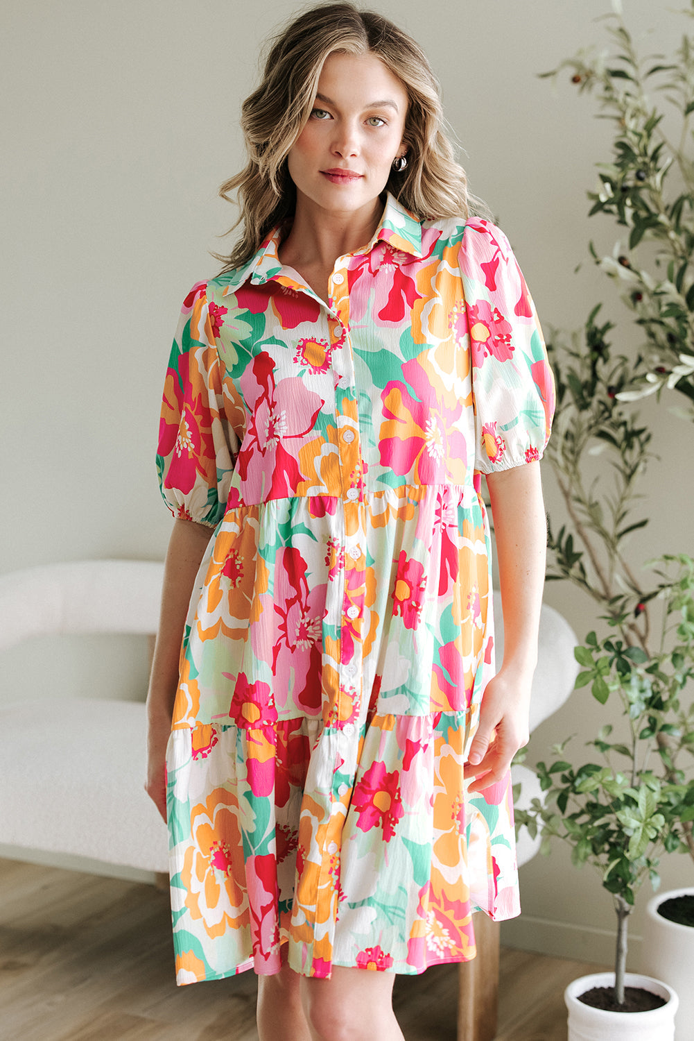Green Floral Puff Sleeve Collar Buttoned Babydoll Dress eAura