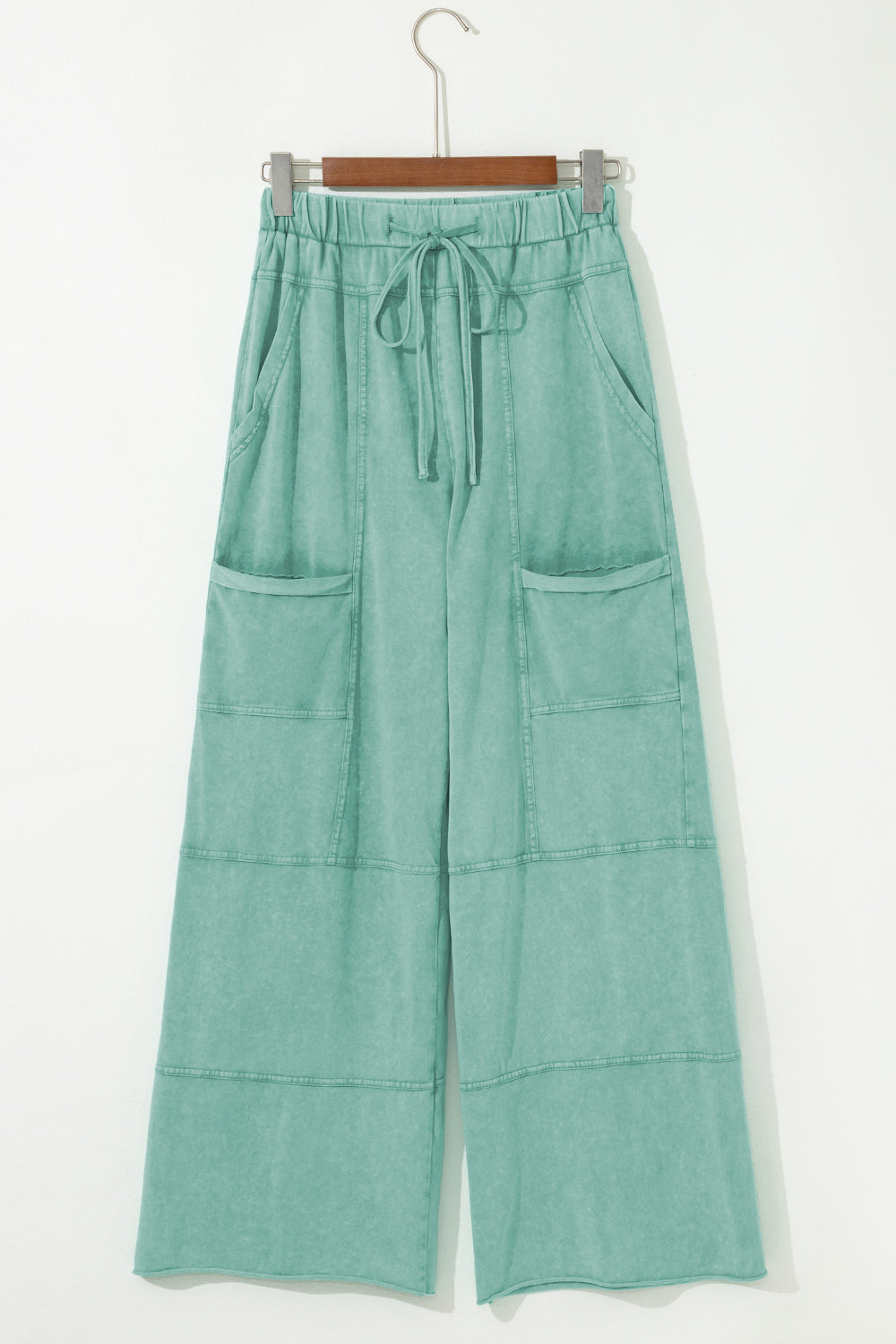 Mineral Wash Exposed Seam Drawstring High Waist Wide Leg Cargo Trousers eAura