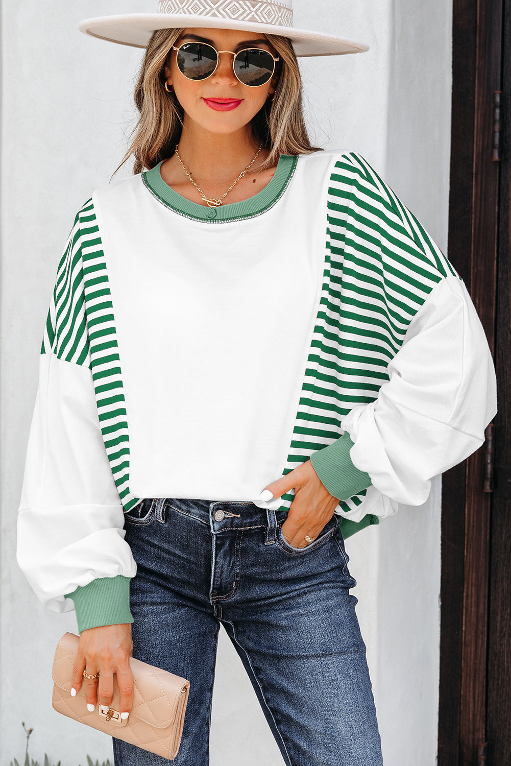 Striped Contrast Stitching Oversized Sweatshirt - eAura