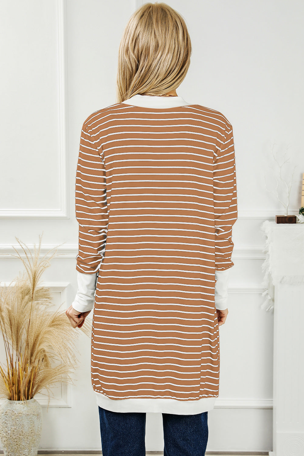 Striped Side Pockets Open Front Cardigan eAura