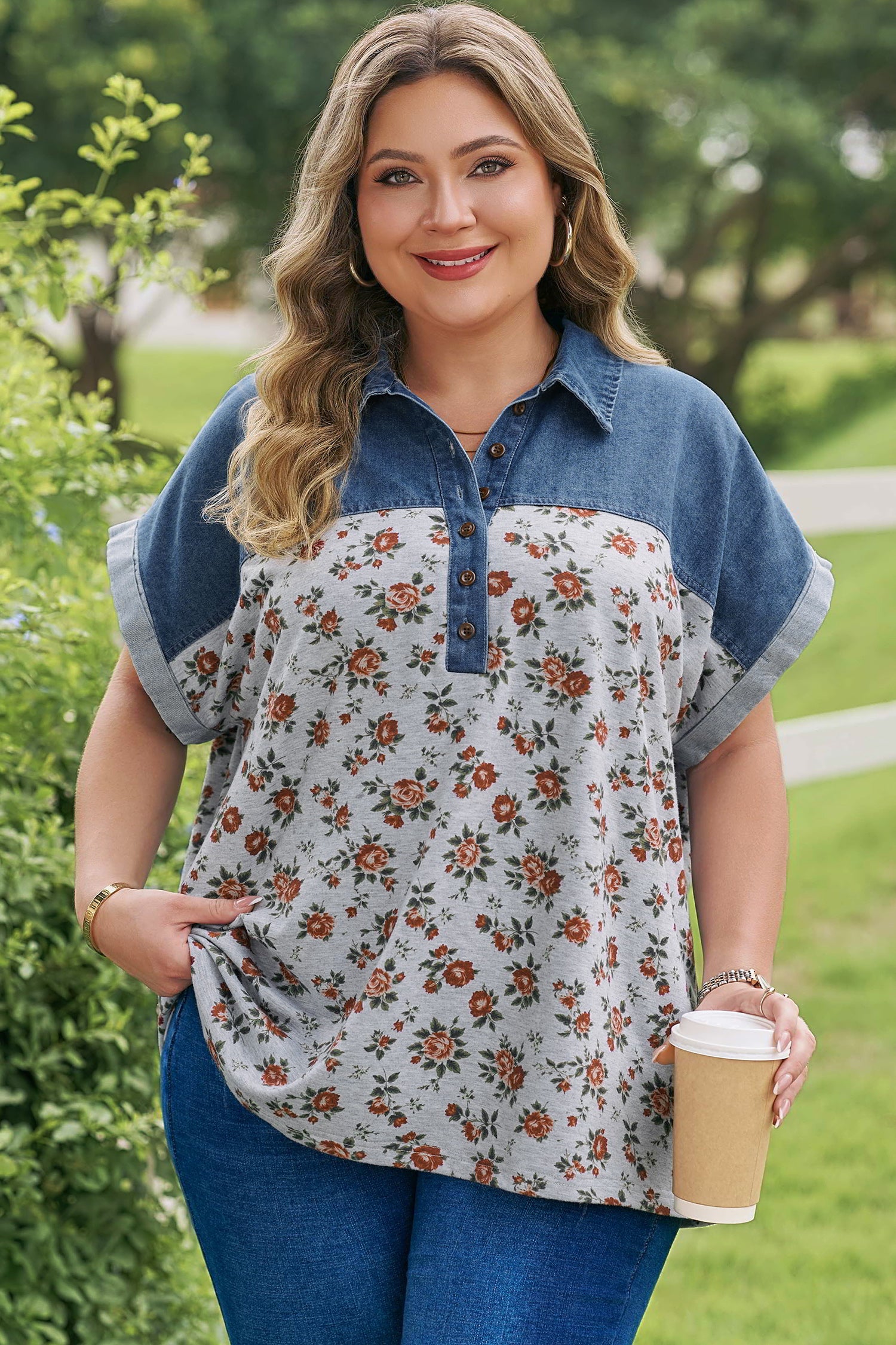 Retro Floral Print Denim Patchwork Plus Size Polo Tee