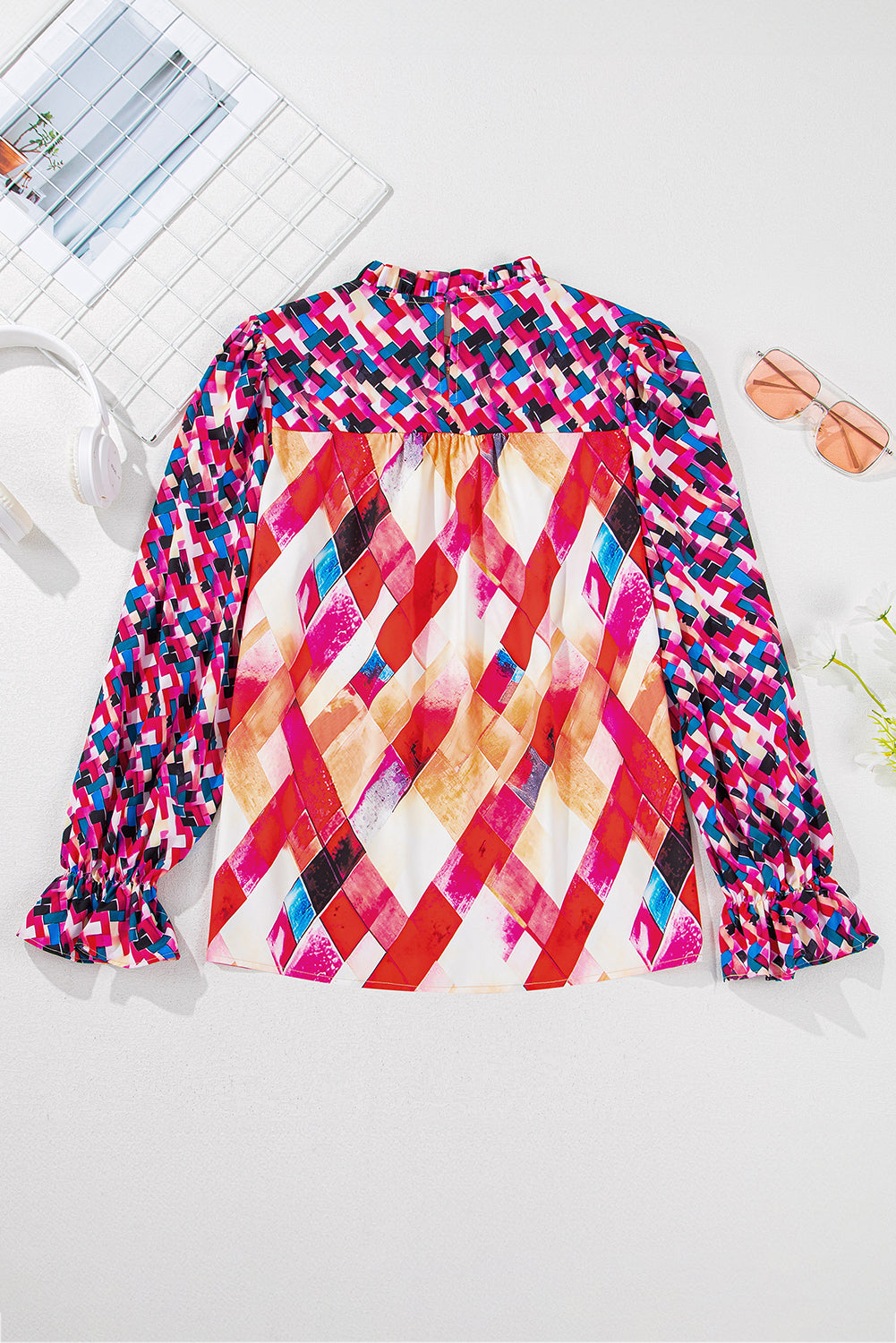 Rose Red Abstract Geometric Pattern Patchwork Puff Sleeve Blouse eAura