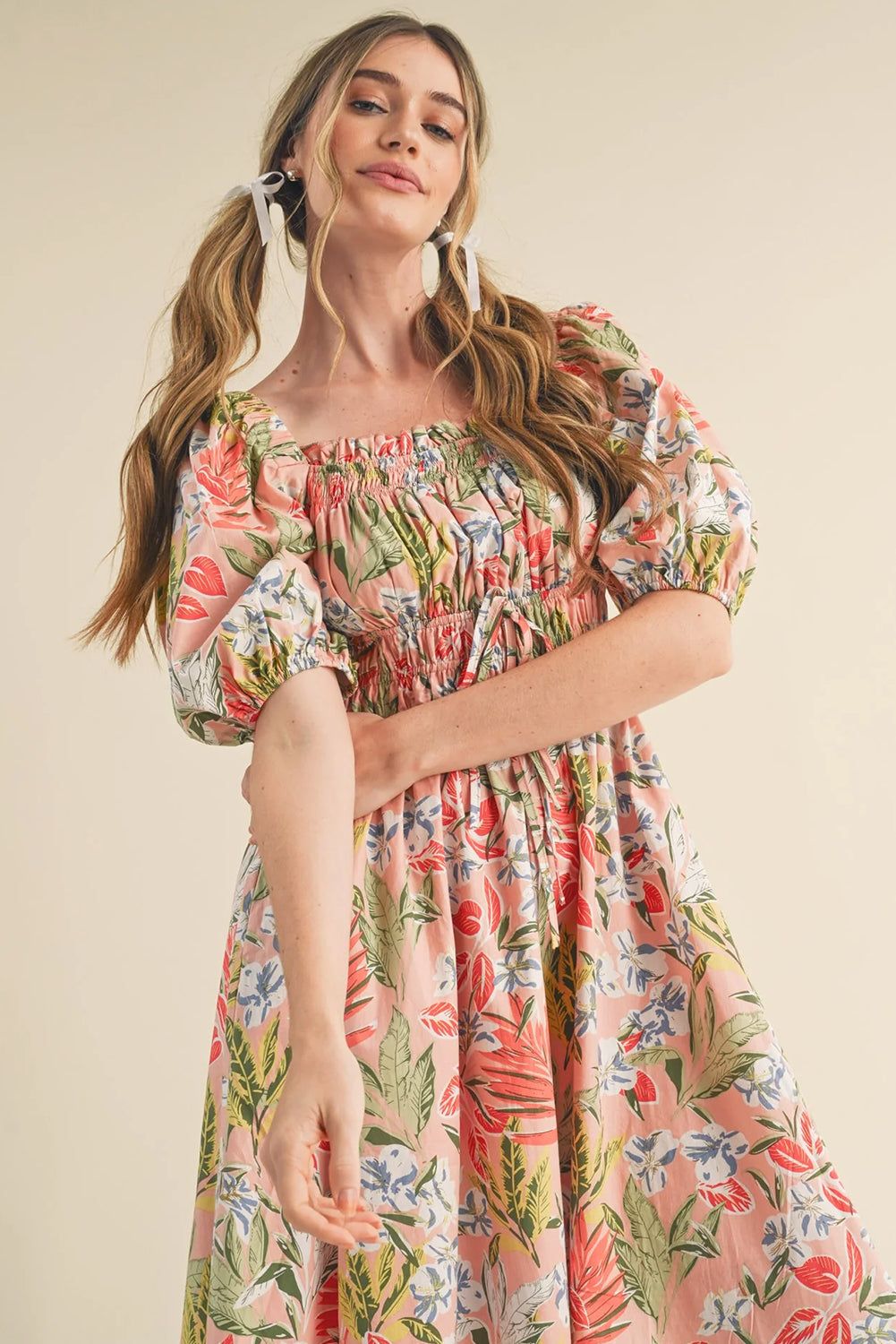 Apricot Pink Floral Smocked Bust Bubble Short Sleeve Maxi Dress eAura