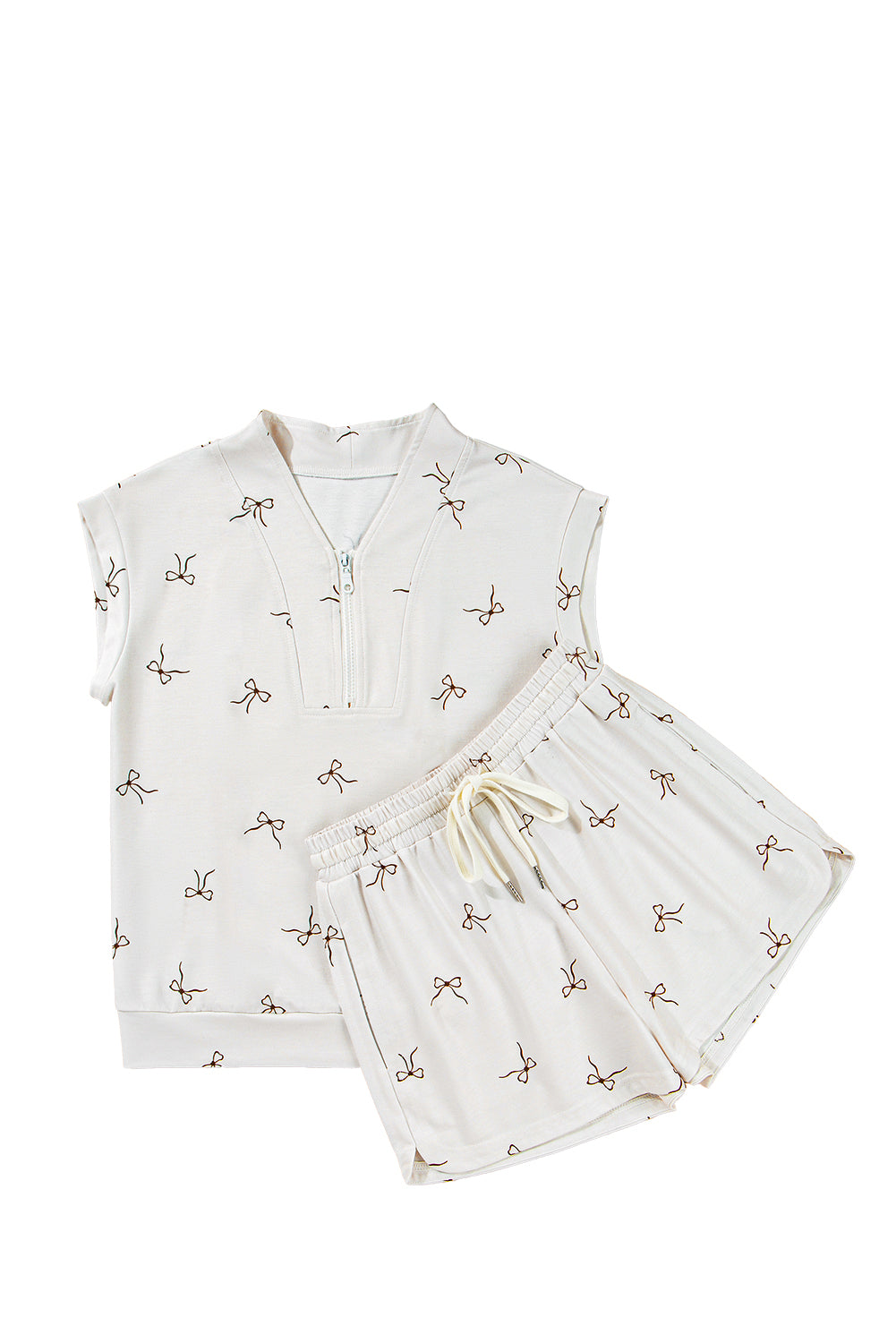 Beige Bow Print Half Zip Tank and Shorts 2pcs Set eAura