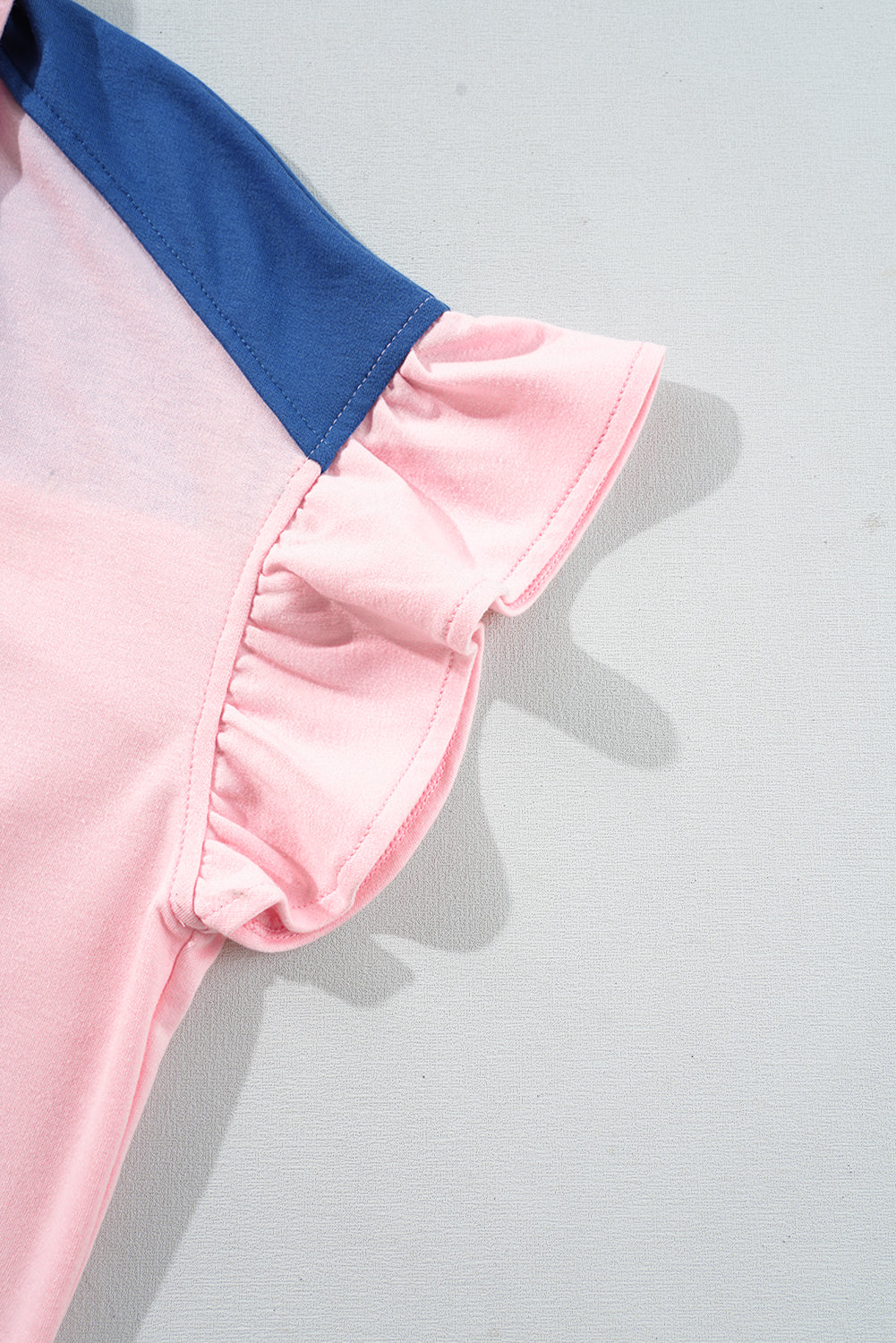 Gossamer Pink Colour Block Half Buttoned Ruffled Short Sleeve T Shirt eAura