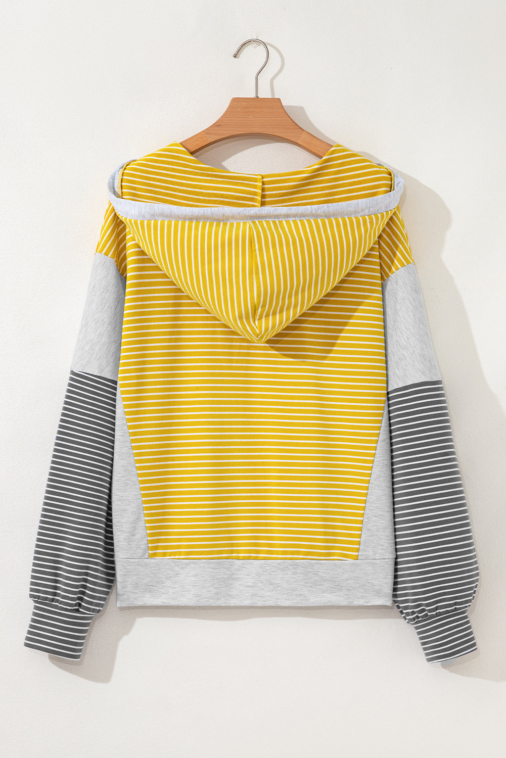 Yellow Stripe Drawstring V-Neck Loose Fit Hooded Top - eAura
