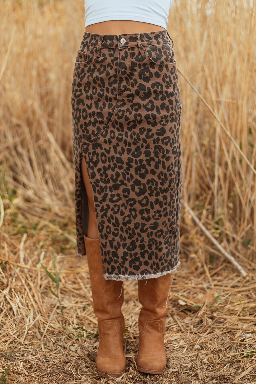 Leopard Denim Frayed Split Denim Midi Skirt - eAura