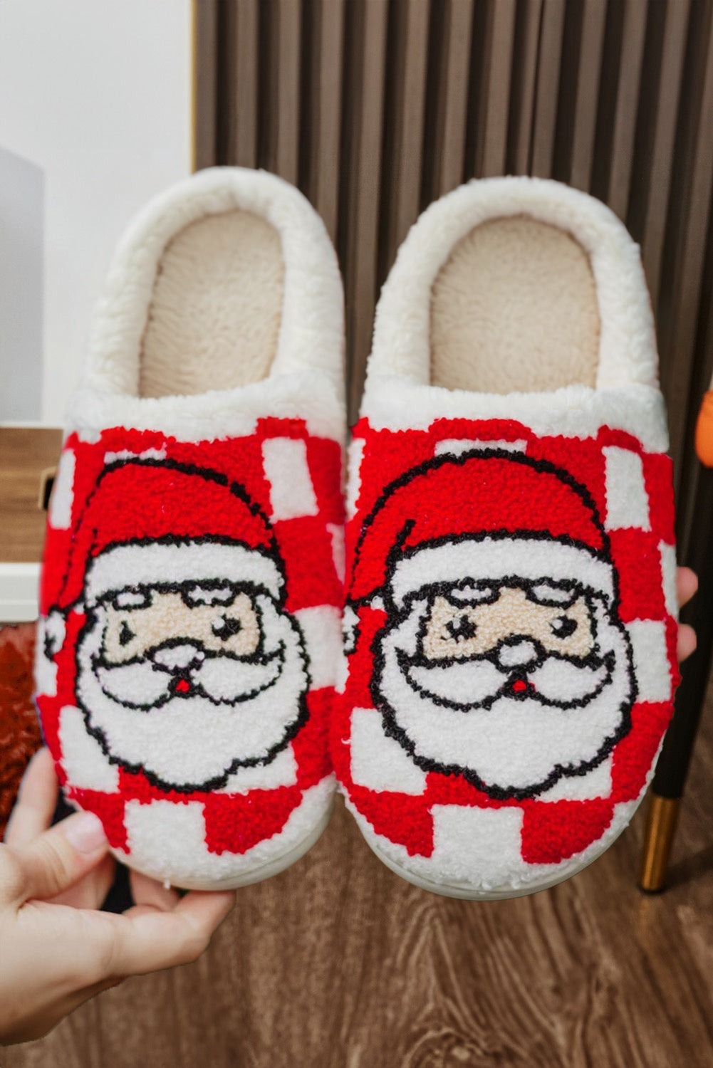 Checkered Santa Claus Graphic Plush Home Slippers - eAura