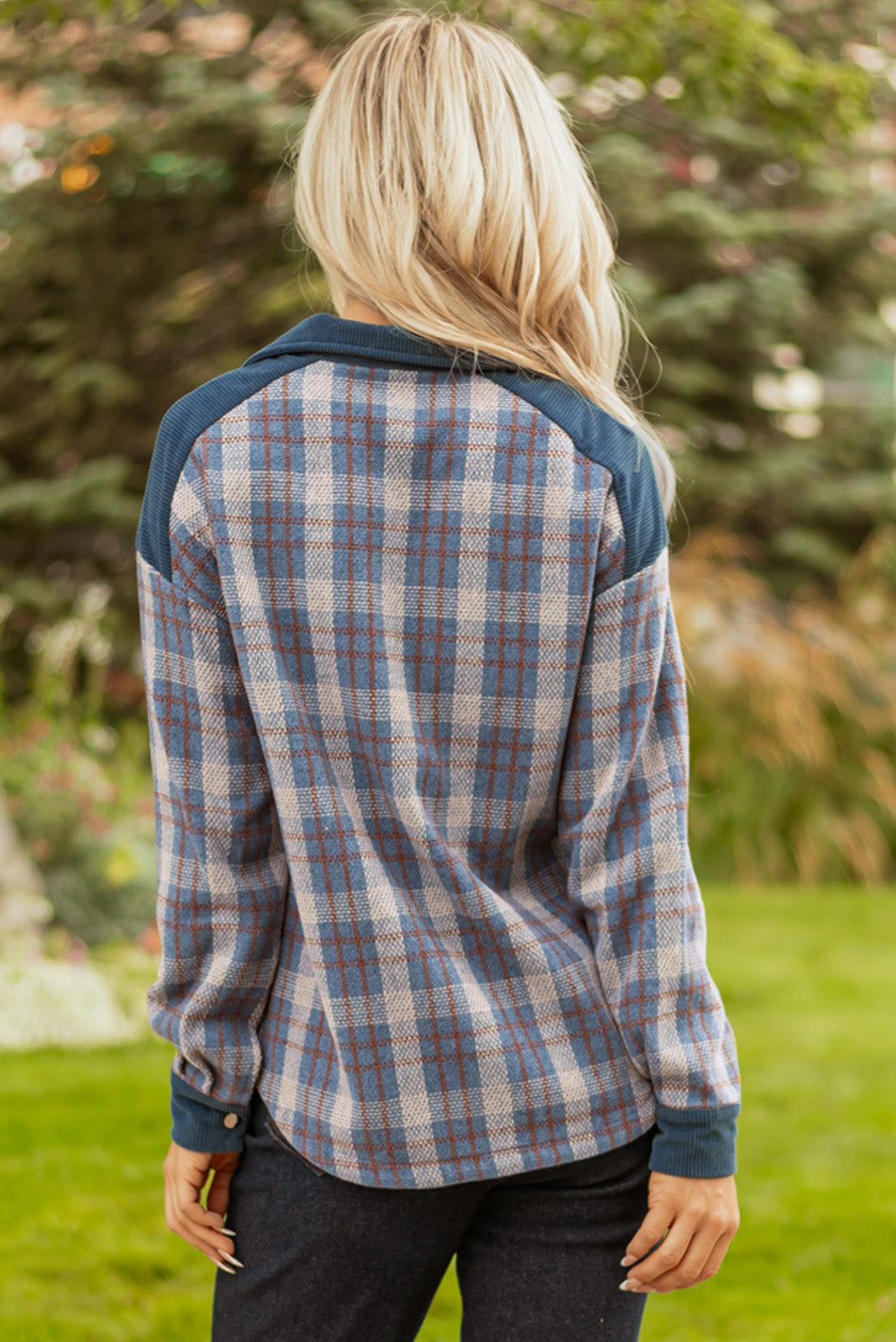 Plaid Soft Corduroy Patchwork Collared Zip-Up Snap Button Jacket - eAura