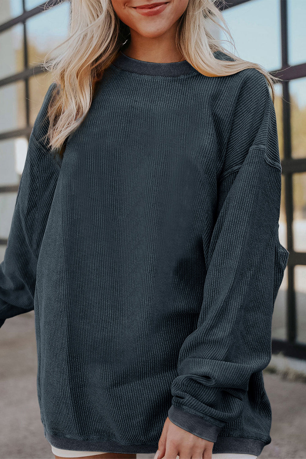 White Ribbed Corduroy Oversized Sweatshirt eAura