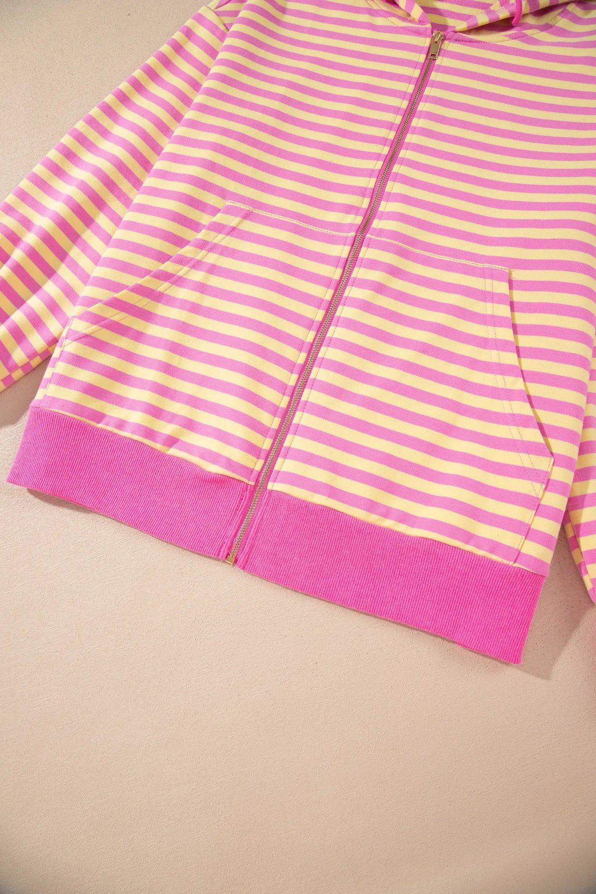 Striped Long Sleeve Zip-Up Hoodie Drawstring Elastic Waist 2pcs Short Set – Rose Red