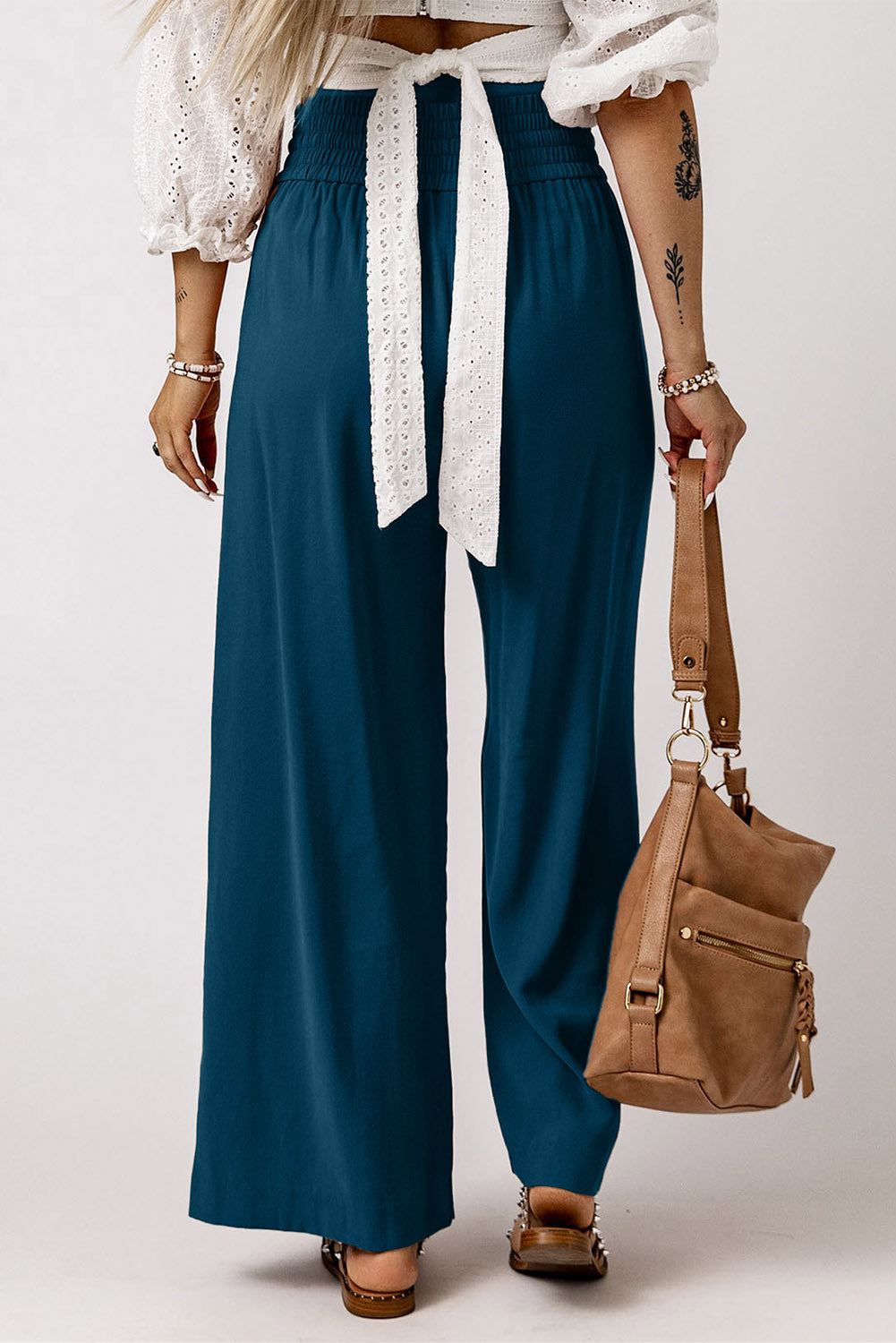 Brown Drawstring Elastic Waist Casual Wide Leg Trousers Beagle Boutique Fashion Outlet