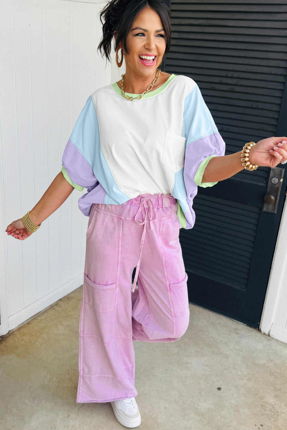 Purple Colour Block Patchwork Half Sleeve Oversized T Shirt eAura