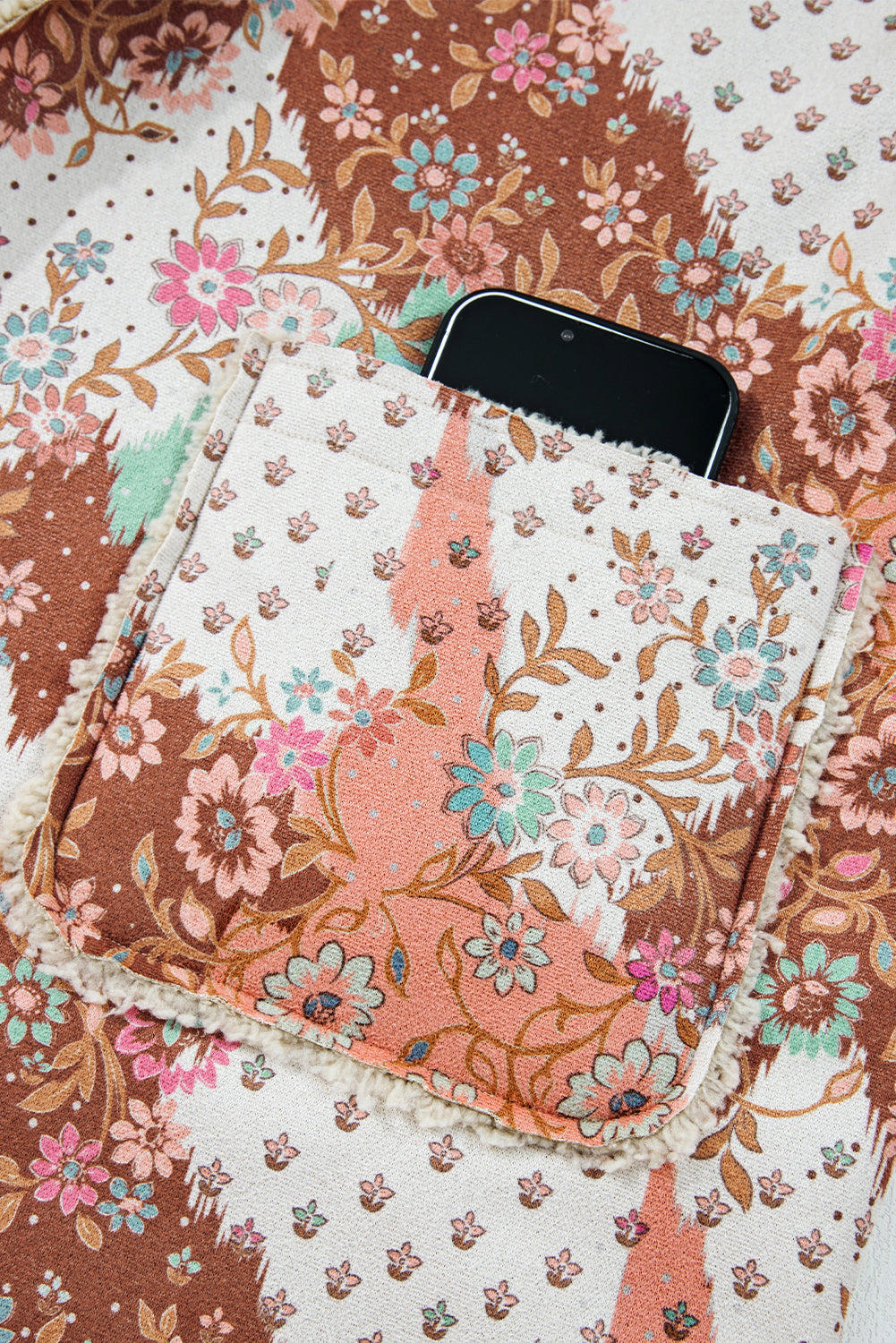 Floral Printed Sherpa Lined Hooded Jacket eAura