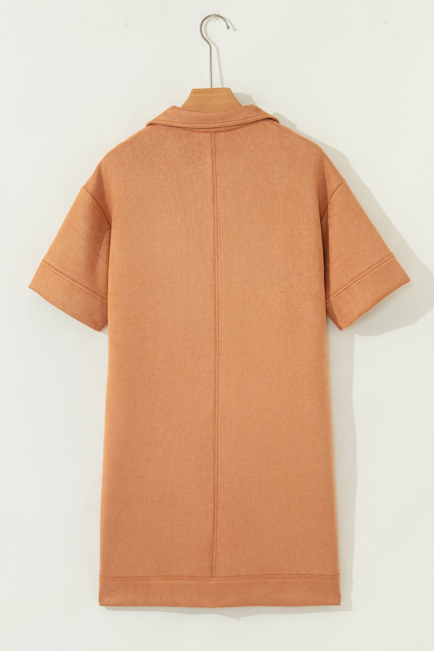 Collared V-Neck Faux Suede Short Sleeve Shift Mini Dress - eAura