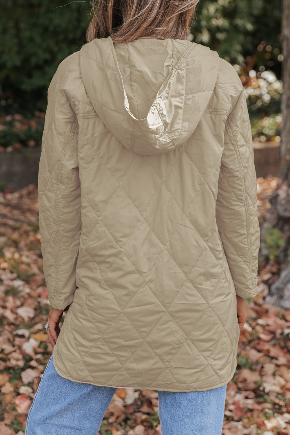 Khaki Quilted Snap Button Hooded Puffer Coat - eAura