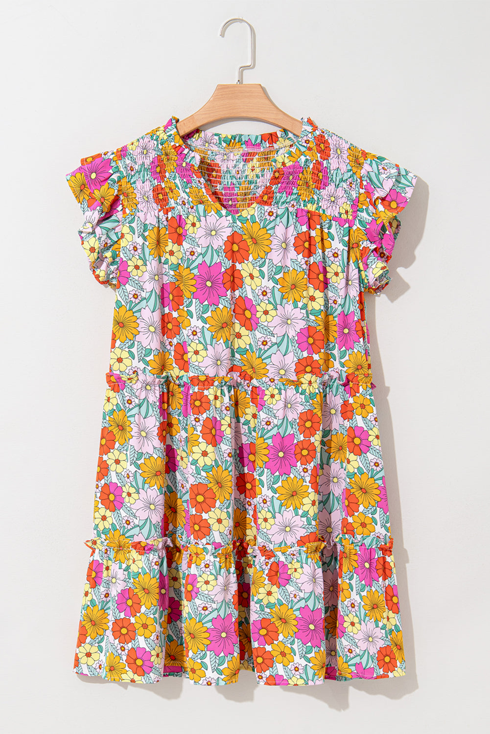 Sky Blue Floral Print Smocked Notch V Neck Flutter Sleeve Mini Dress eAura