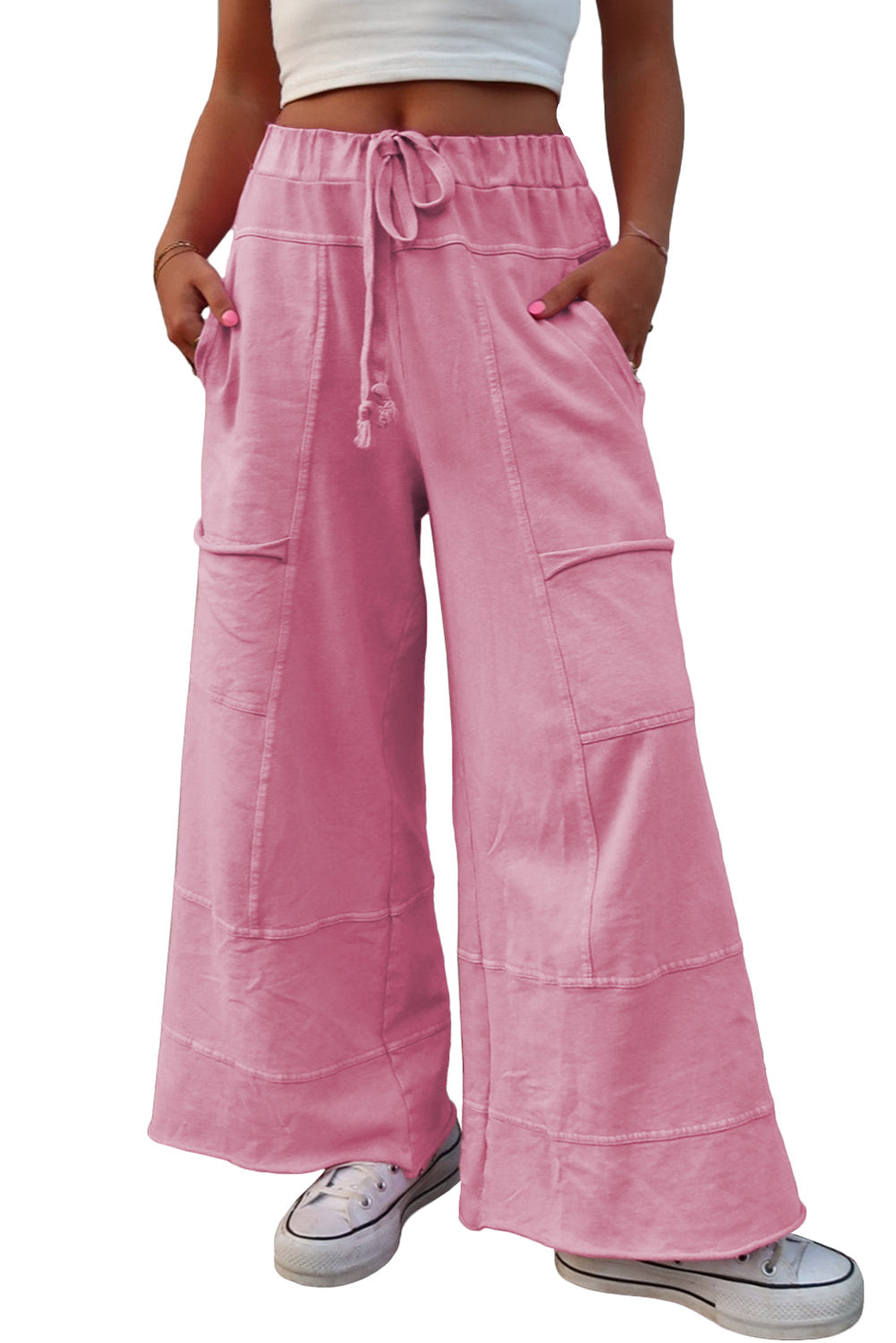 Mineral Wash Exposed Seam Drawstring High Waist Wide Leg Cargo Trousers eAura