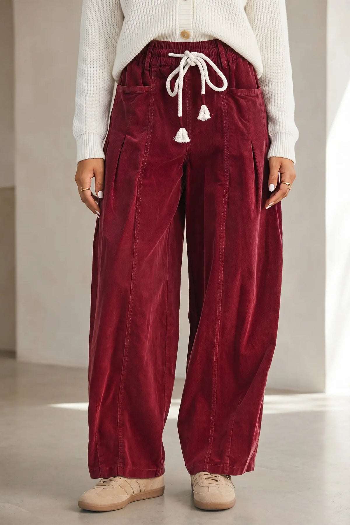 Elastic Waist Drawstring Ribbed Casual Pants – Racing Red