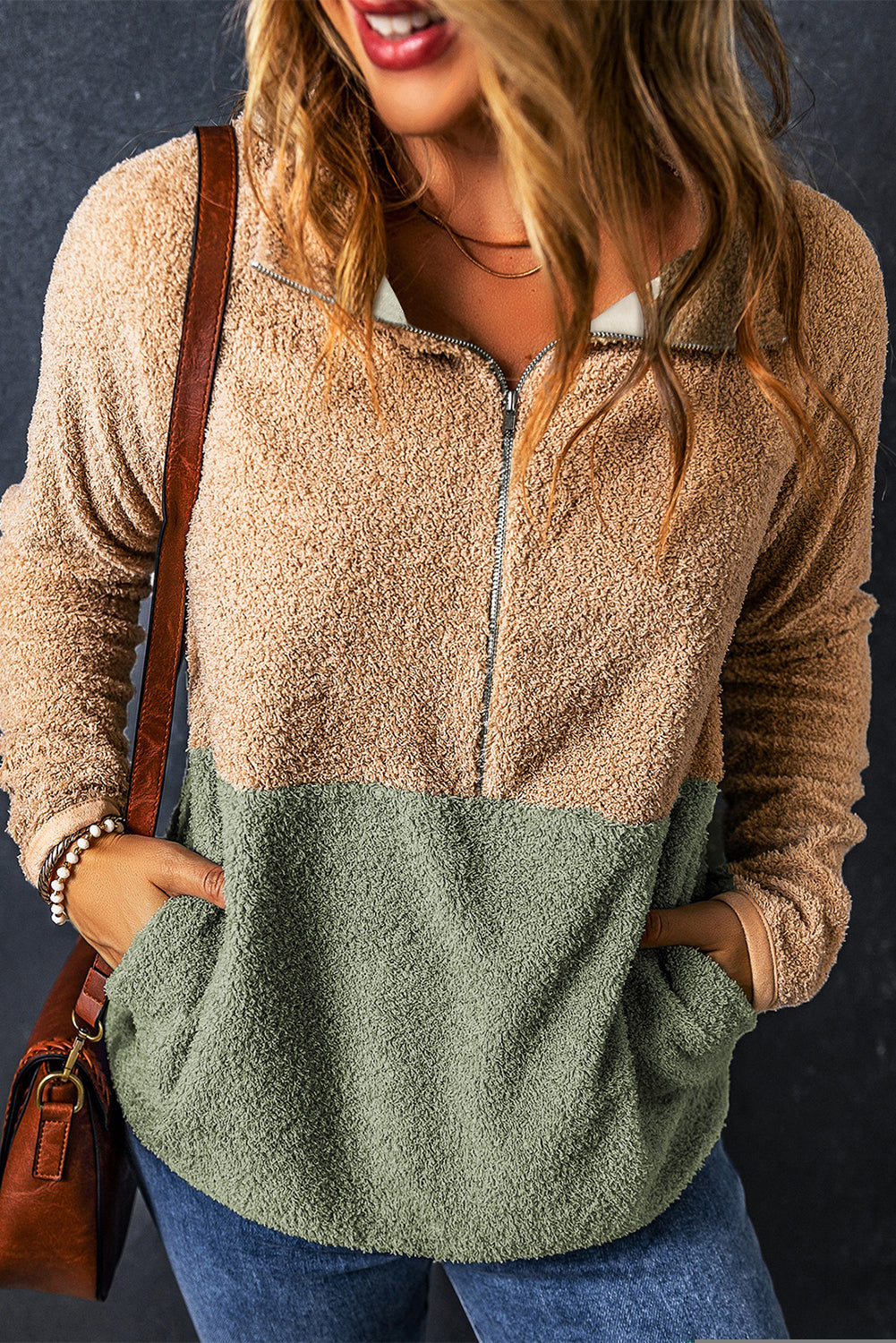 Smoke Grey Two Tones Colour Block Half Zip Fleece Sweatshirt eAura