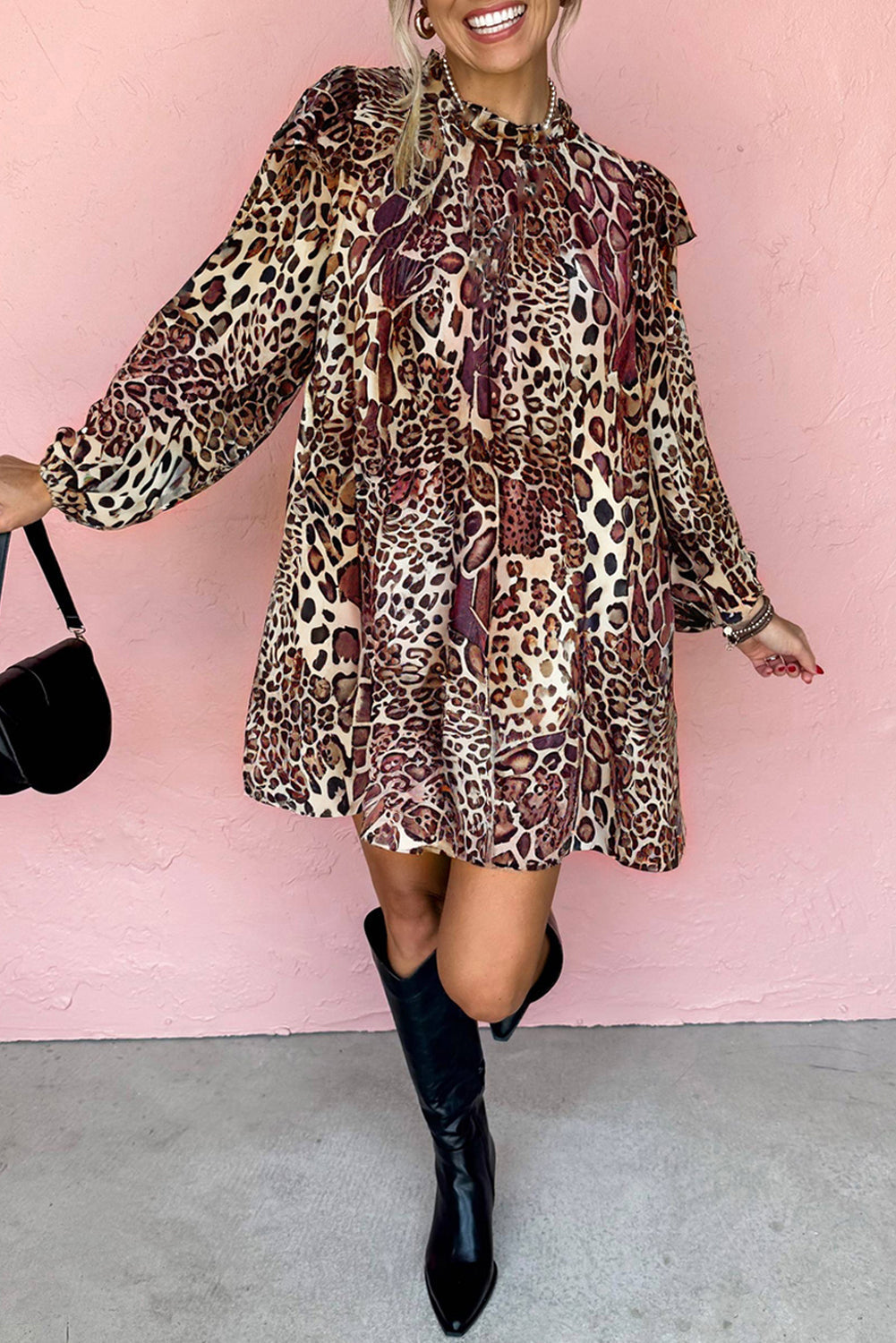 Leopard Ruffled Detail Long Sleeve Loose Mini Dress - eAura
