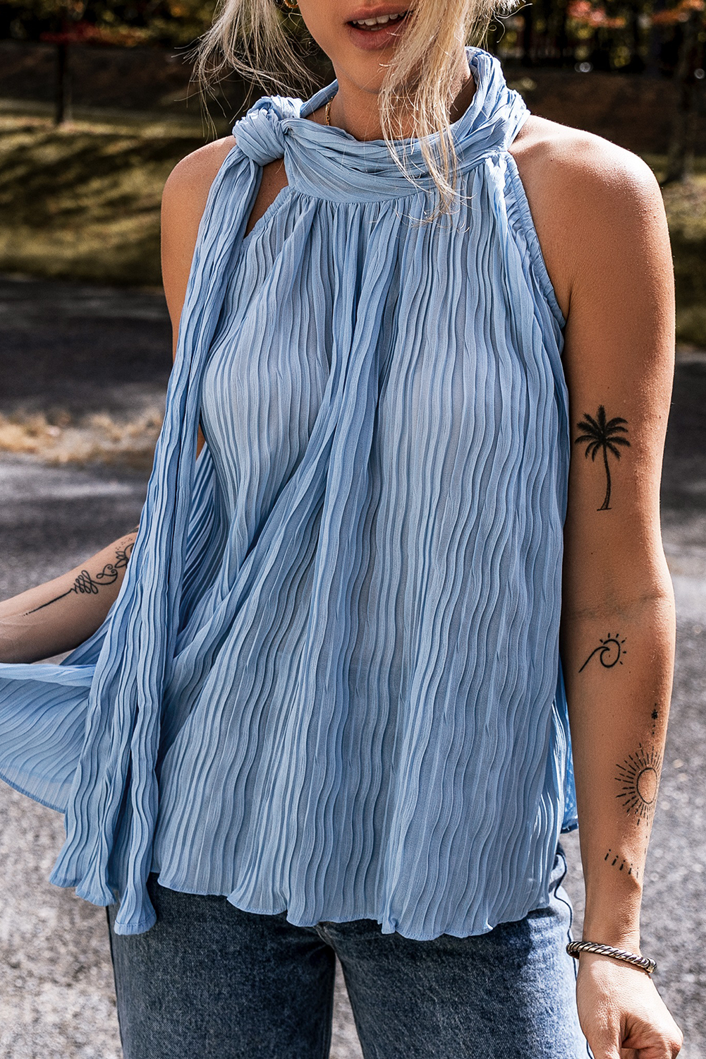 Myosotis Textured Pleated Tied Mock Neck Flowy Sleeveless Top eAura