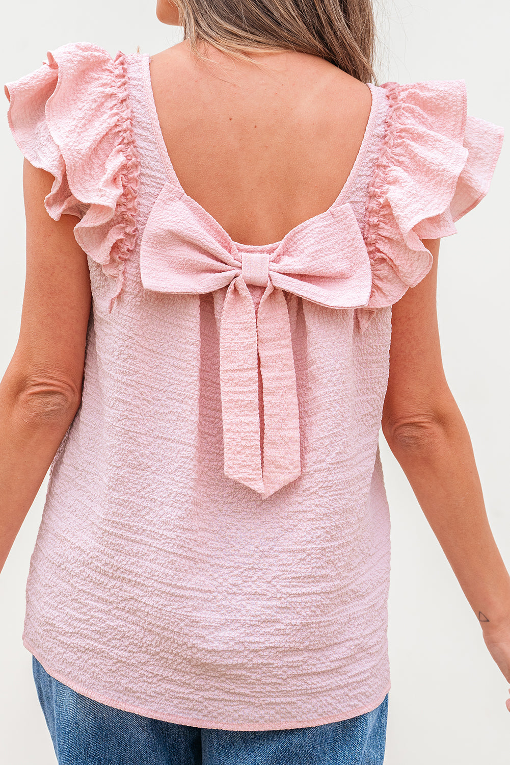 Gossamer Pink Textured Bow Knot Frilled Butterfly Sleeve Blouse eAura