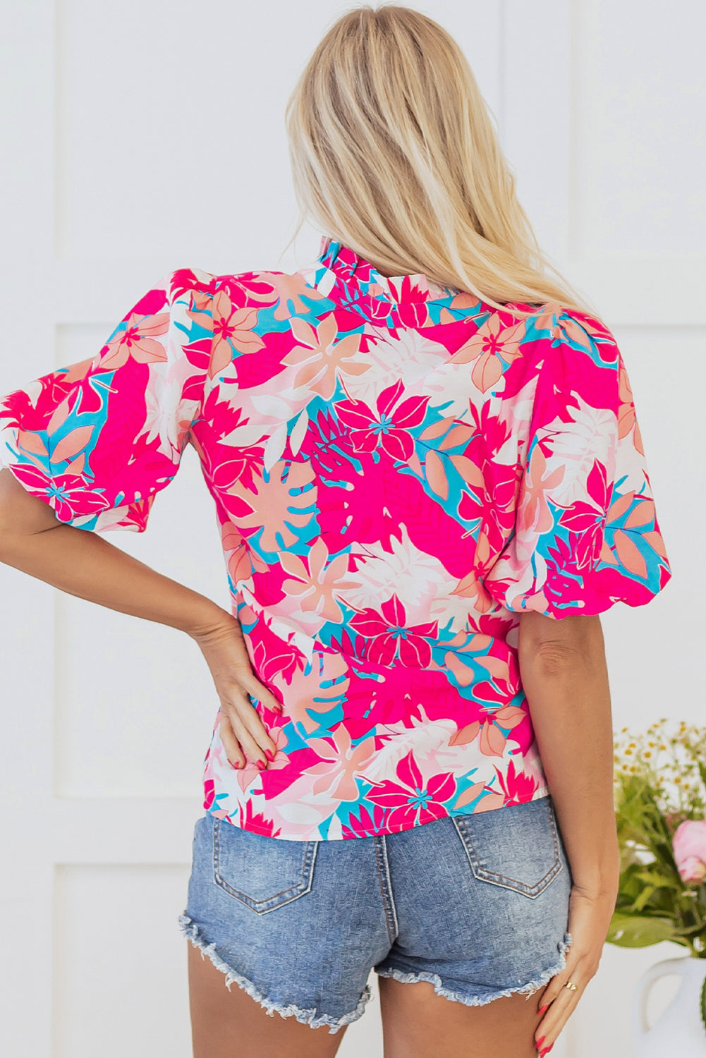 Rose Tropical Plant Printed V Neck Puff Sleeve Blouse eAura