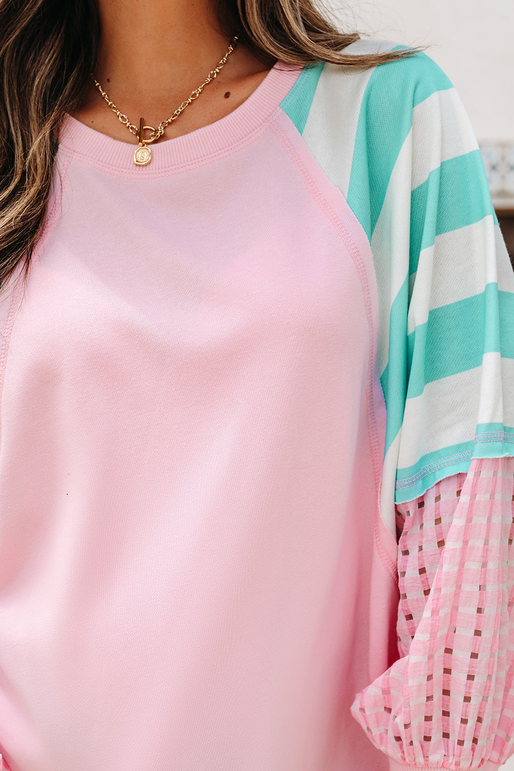 Striped Patchwork Raglan Pullover Top with Slits - eAura