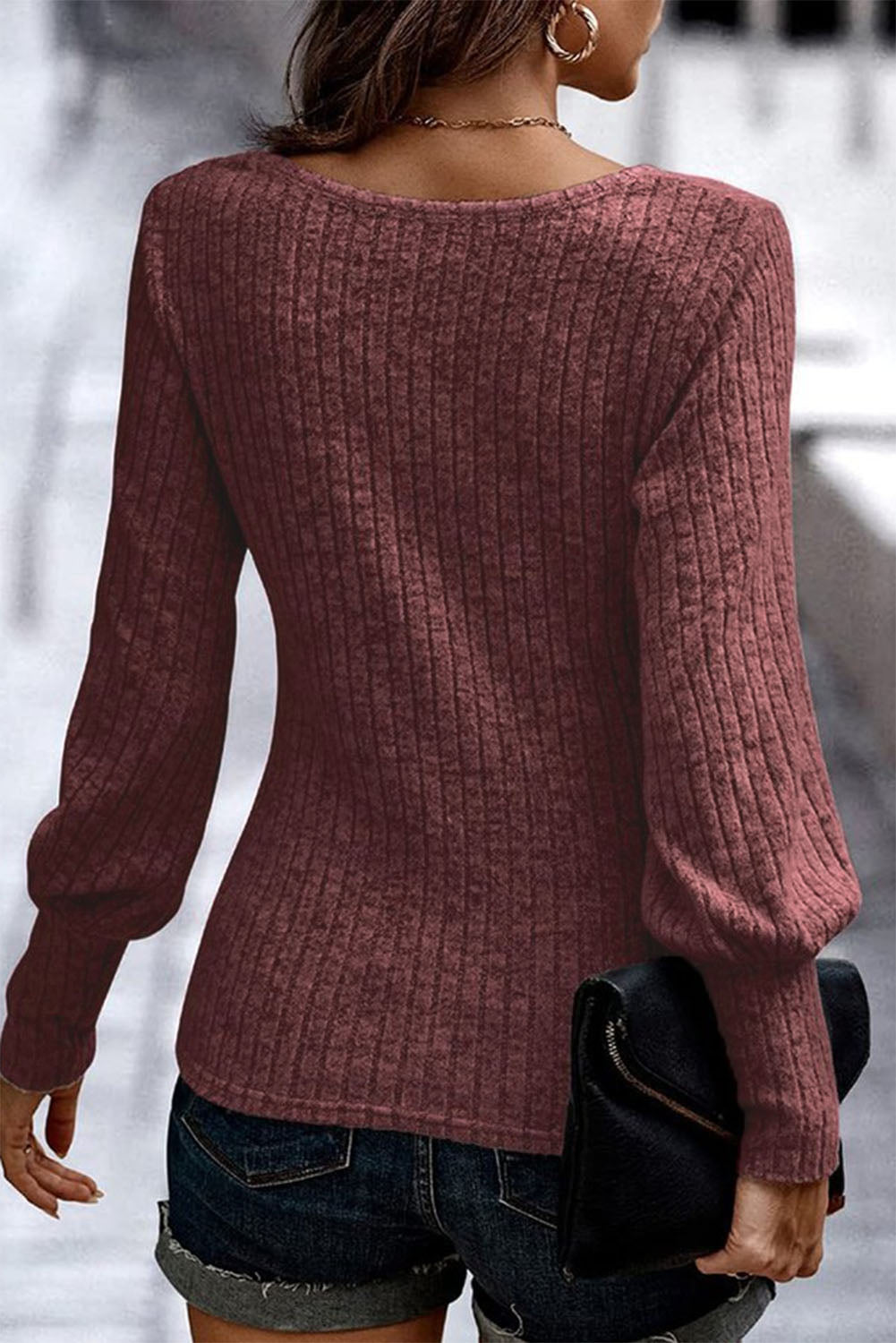 Mineral Red Ribbed Bishop Sleeve Round Neck Top eAura