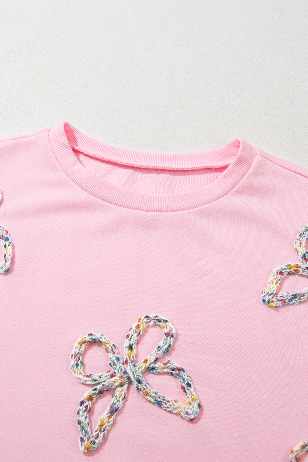 Light Pink Embroidered Bow Lantern Sleeve Oversized Pullover Sweatshirt eAura