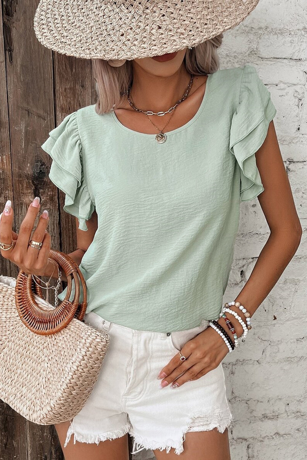 Clearly Aqua Solid Colour Ruffled Short Sleeve Casual Blouse eAura