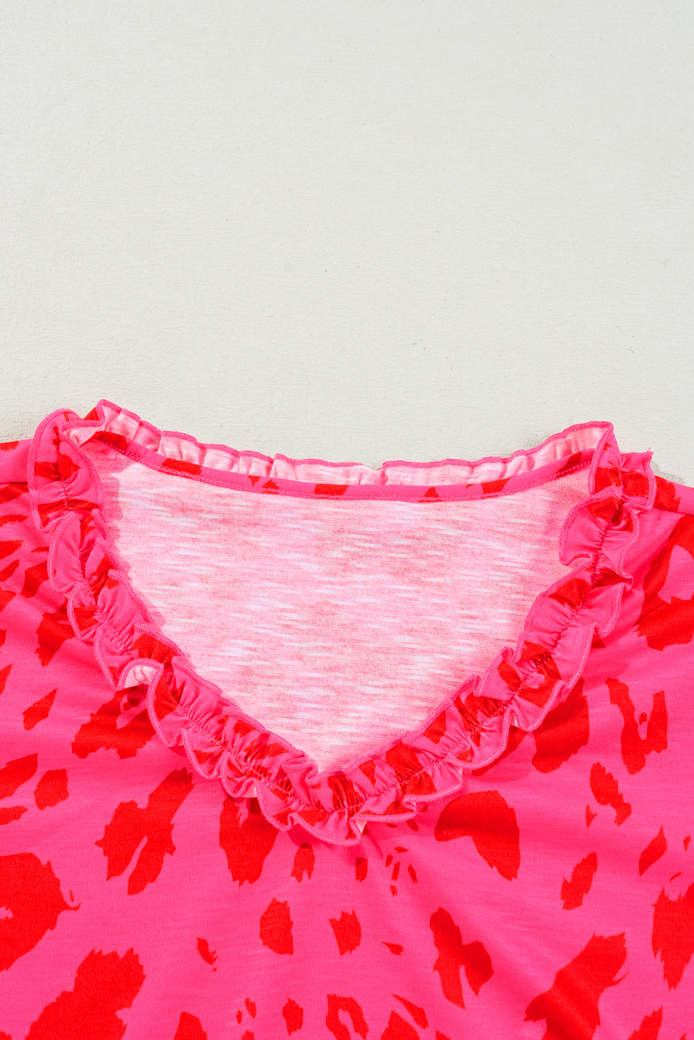 Rose Leopard Frilly V Neck Short Sleeve Blouse eAura