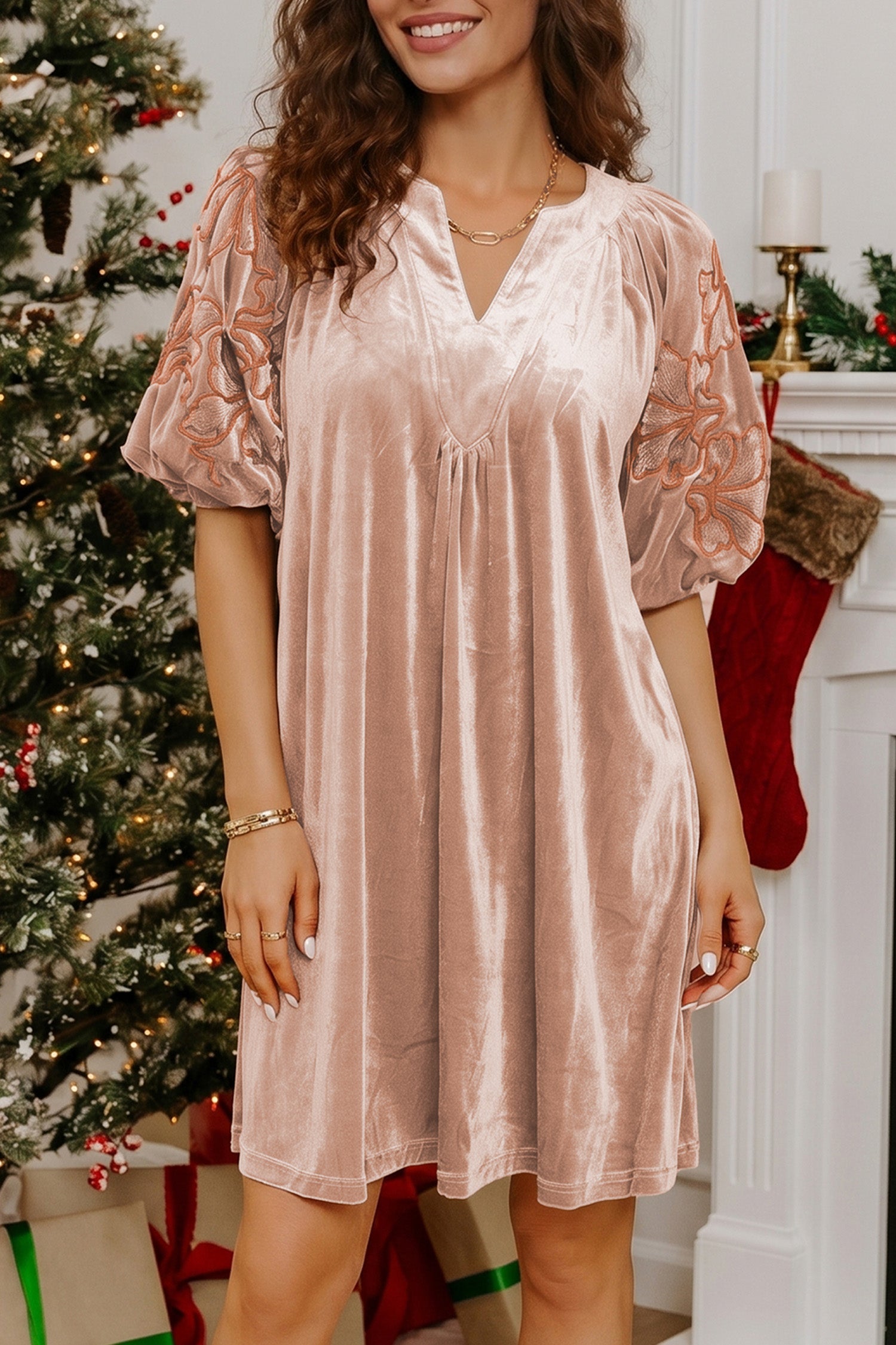 Embroidered Sleeve Velvet Mini Shift Dress – Light French Beige