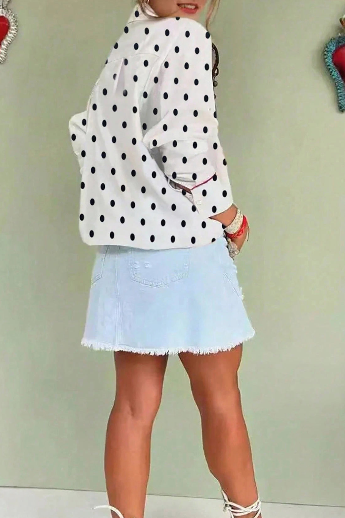 White Polka Dot Print Contrast Piping Elegant Shirt - L - Tops/Blouses & Shirts
