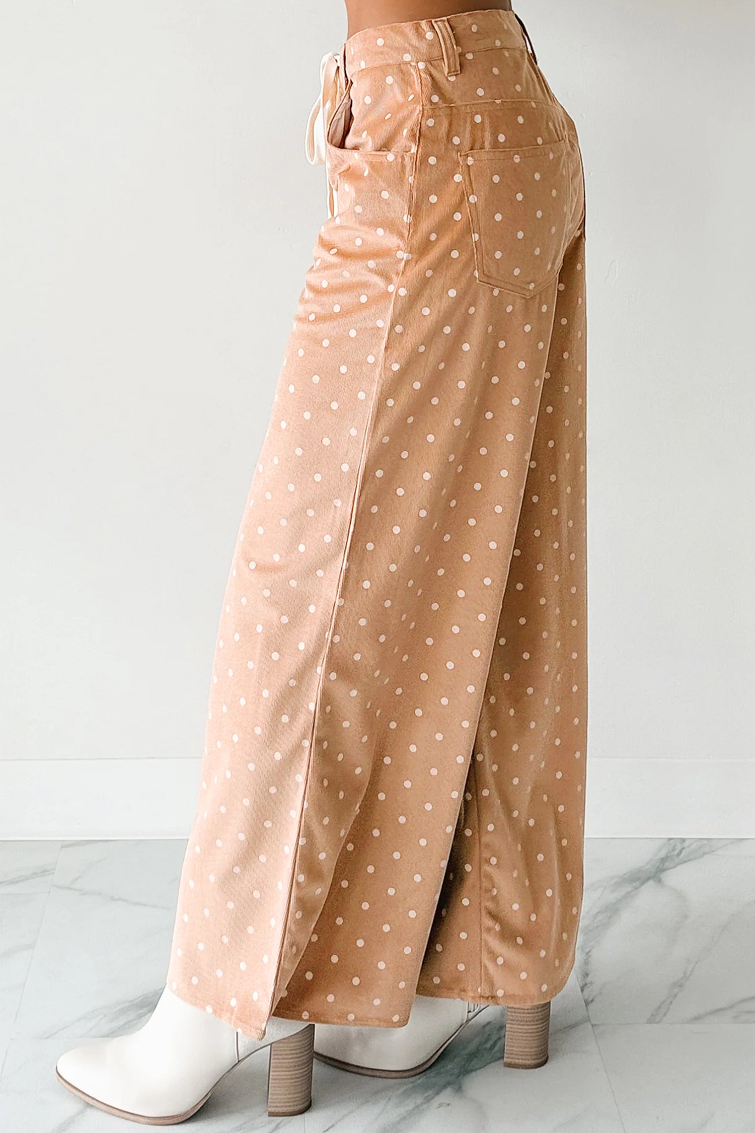 Khaki Polka Dot Print Drawstring Wide Leg Pants - Bottoms/Pants & Culotte